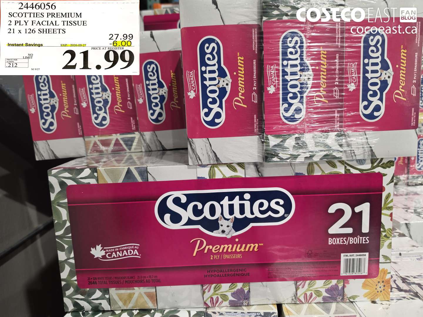2446056 SCOTTIES PREMIUM 2 PLY FACIAL TISSUE 21 X 126 SHEETS ($6.00 INSTANT SAVINGS EXPIRES ON 2026-09-27) $21.99