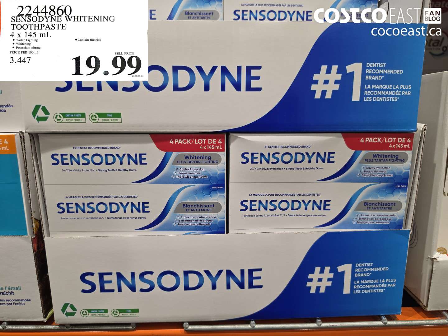 2244860 SENSODYNE WHITENING TOOTHPASTE 4 X 145 ML $19.99