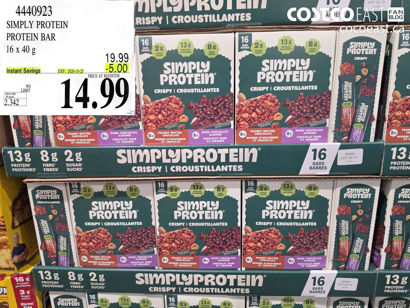 4440923 SIMPLY PROTEIN PROTEIN BAR 16 X 40 G ($5.00 INSTANT SAVINGS EXPIRES ON 2026-10-25) $14.99
