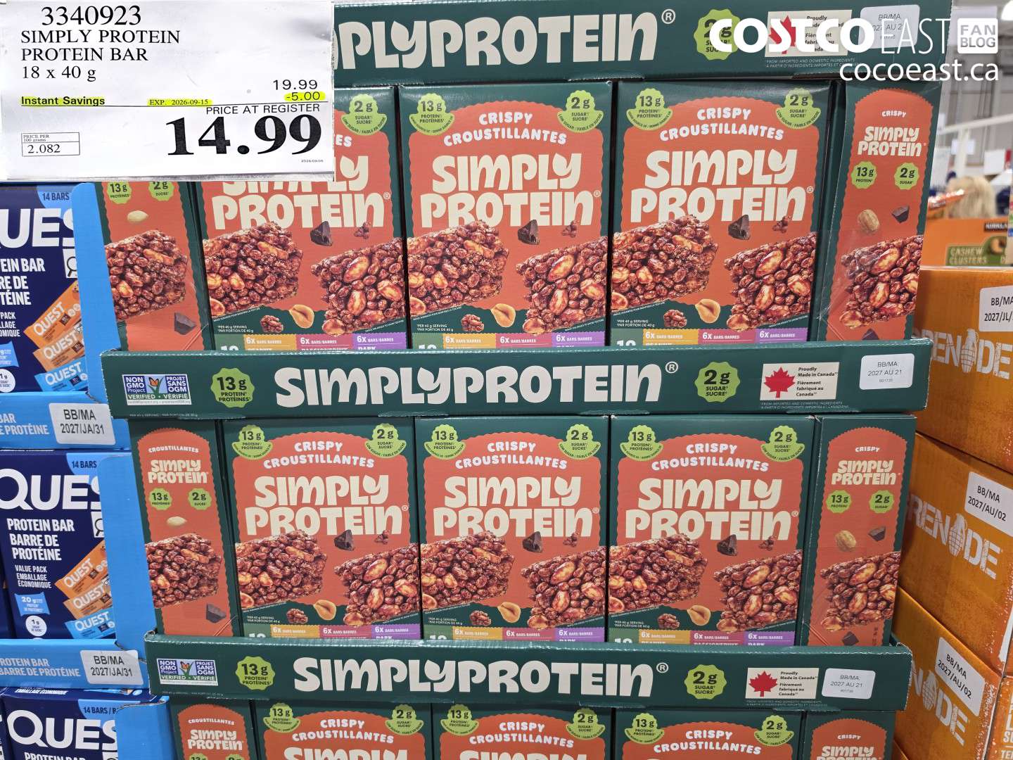 3340923 SIMPLY PROTEIN PROTEIN BAR 18 X 40 G ($5.00 INSTANT SAVINGS EXPIRES ON 2026-09-15) $14.99