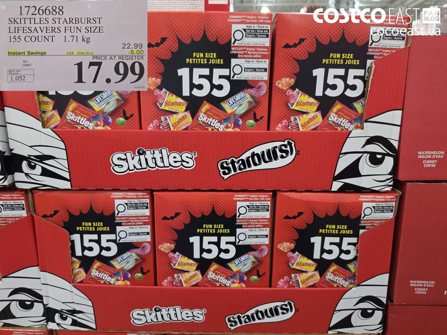 1726688 SKITTLES STARBURST LIFESAVERS FUN SIZE 155 COUNT 1.71 KG ($5.00 INSTANT SAVINGS EXPIRES ON 2026-10-11) $17.99