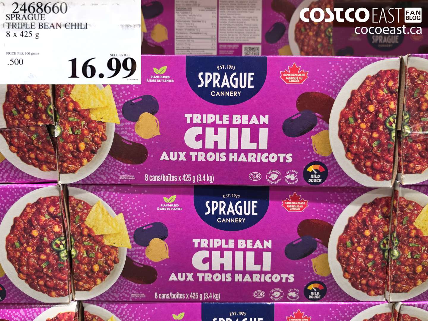 2468660 SPRAGUE TRIPLE BEAN CHILI 8 X 425 G $16.99