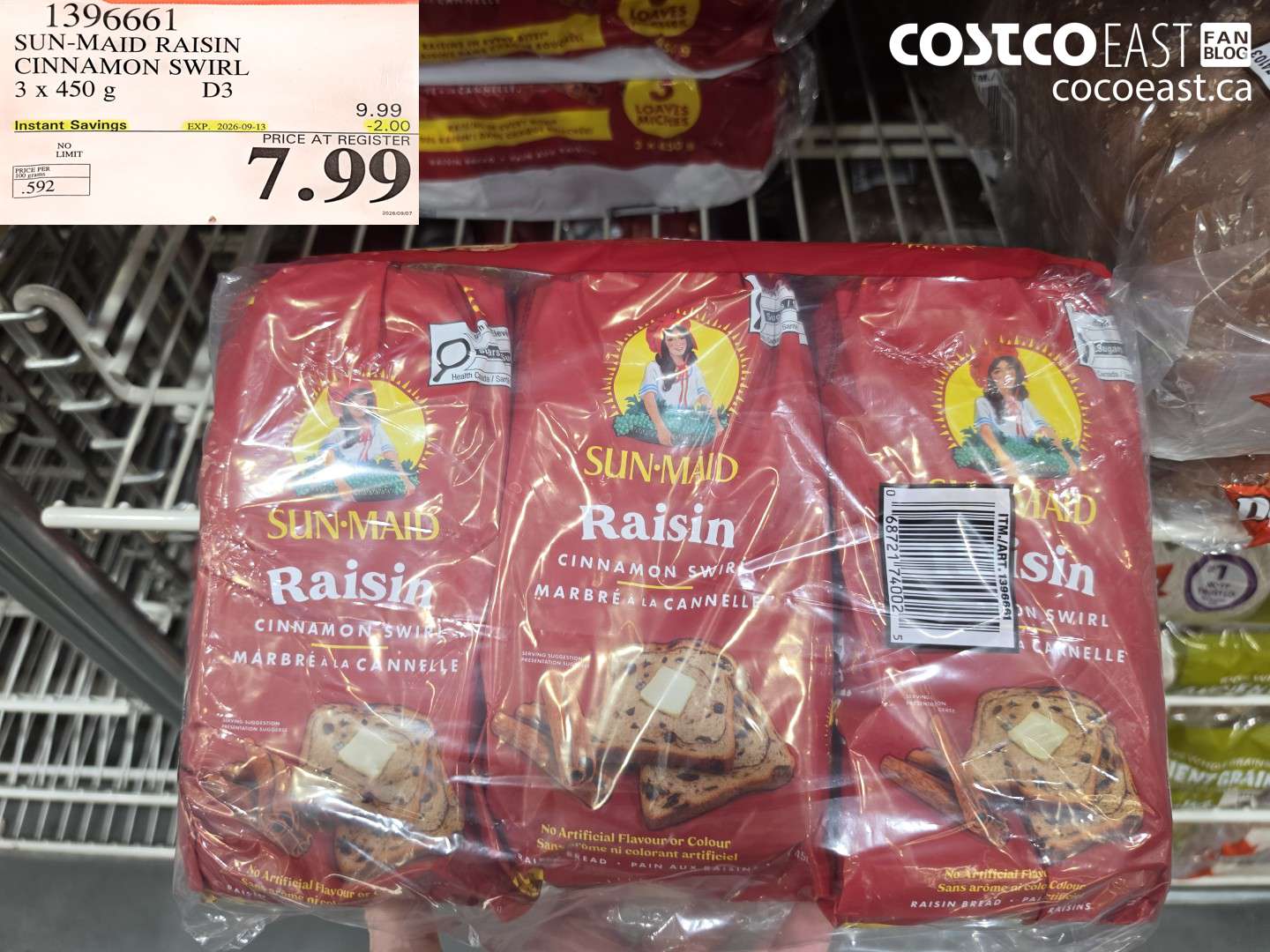 1396661 SUN-MAID RAISIN CINNAMON SWIRL 3 X 450 G ($2.00 INSTANT SAVINGS EXPIRES ON 2026-09-13) $7.99