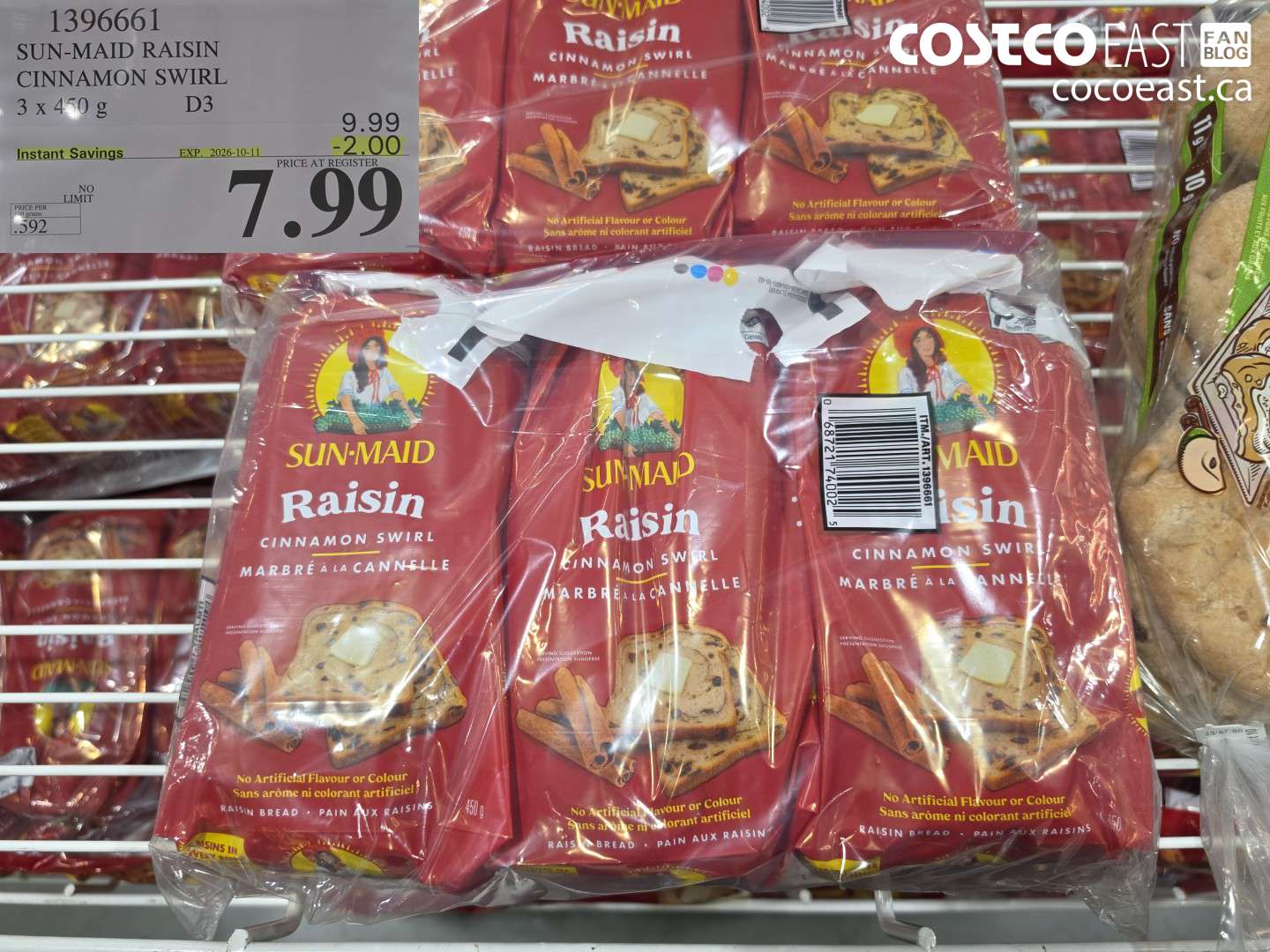 1396661 SUN-MAID RAISIN CINNAMON SWIRL 3 X 450 G ($2.00 INSTANT SAVINGS EXPIRES ON 2026-10-11) $7.99