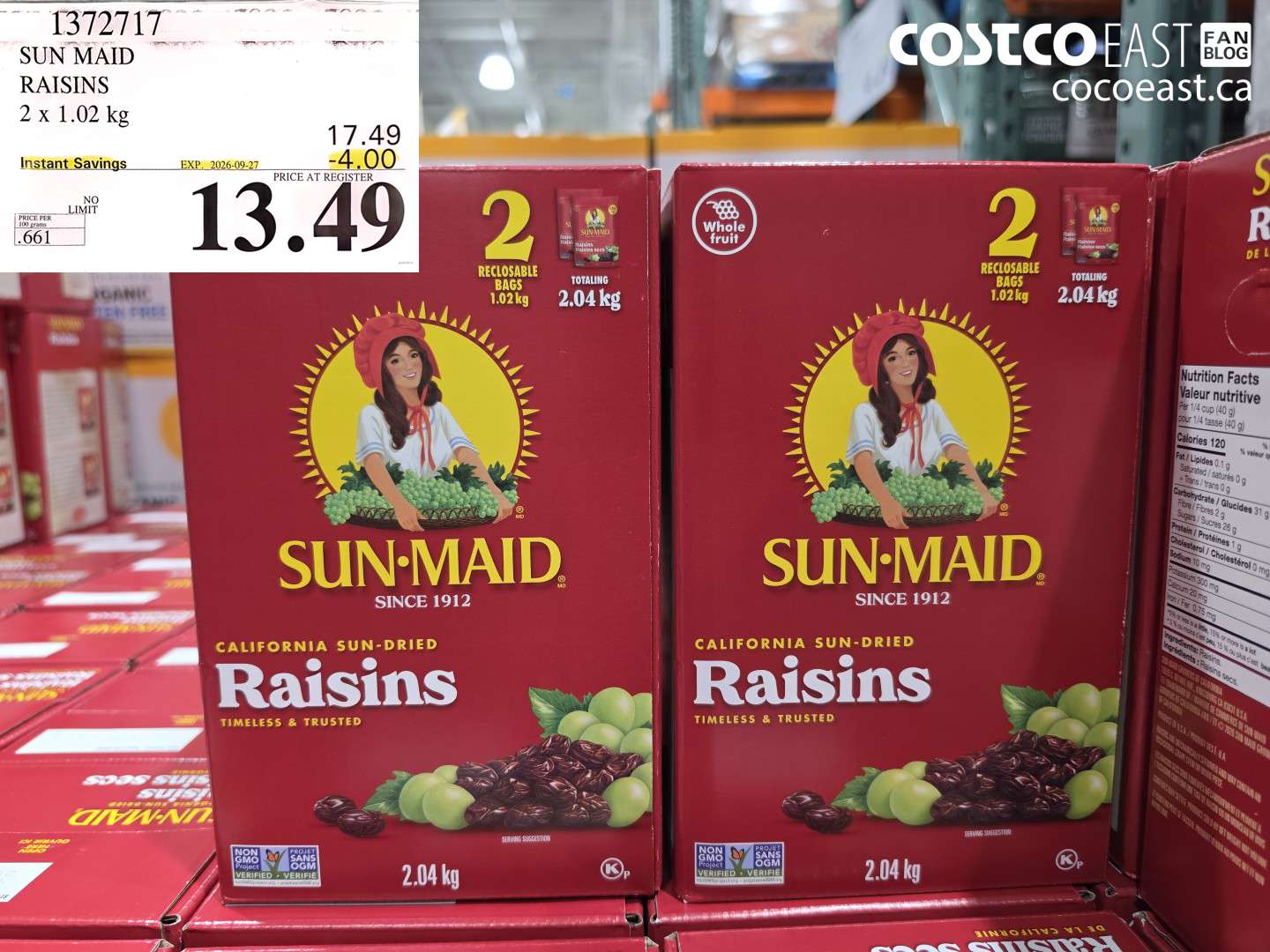 1372717 SUN MAID RAISINS 2 X 1.02 KG ($4.00 INSTANT SAVINGS EXPIRES ON 2026-09-27) $13.49