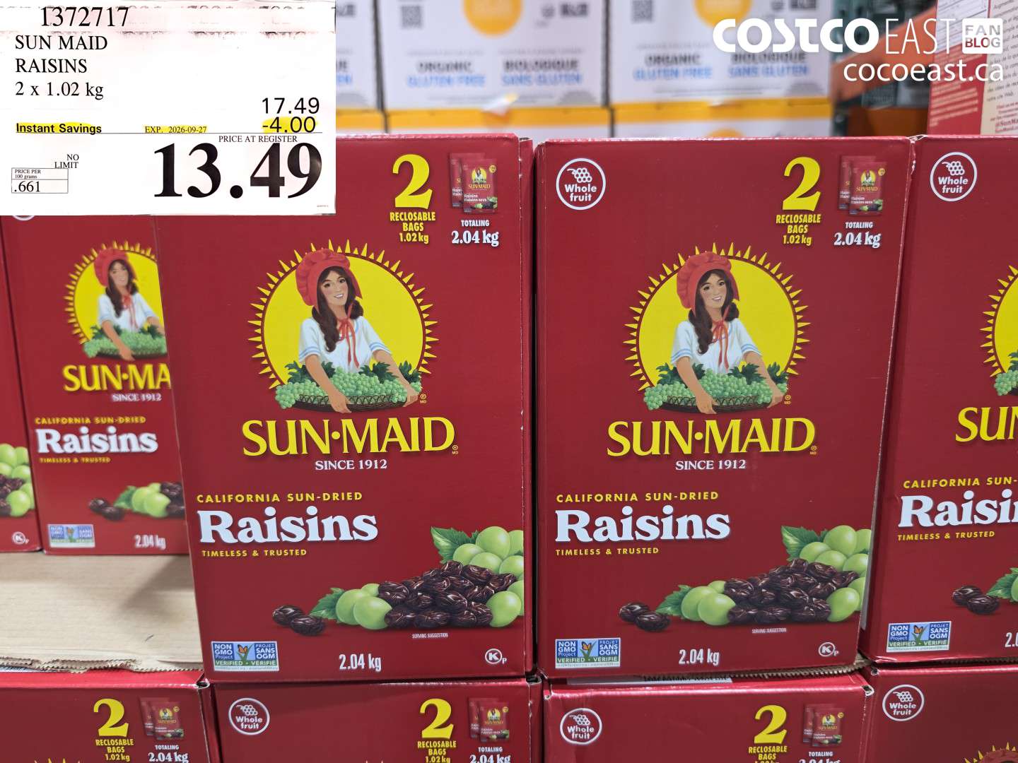 1372717 SUN MAID RAISINS 2 X 1.02 KG ($4.00 INSTANT SAVINGS EXPIRES ON 2026-09-27) $13.49