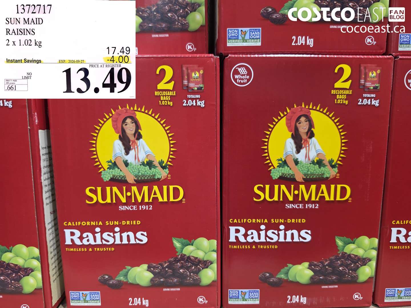 1372717 SUN MAID RAISINS 2 X 1.02 KG ($4.00 INSTANT SAVINGS EXPIRES ON 2026-09-27) $13.49