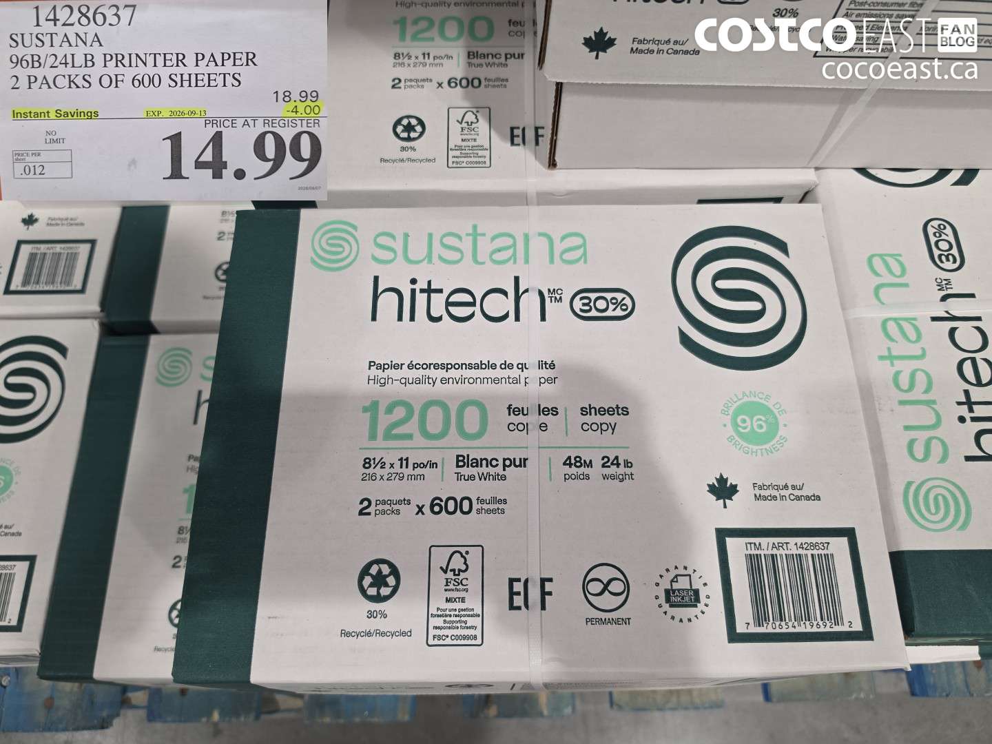 1428637 SUSTANA 96B/24LB PRINTER PAPER 2 PACKS OF 600 SHEETS ($4.00 INSTANT SAVINGS EXPIRES ON 2026-09-13) $14.99
