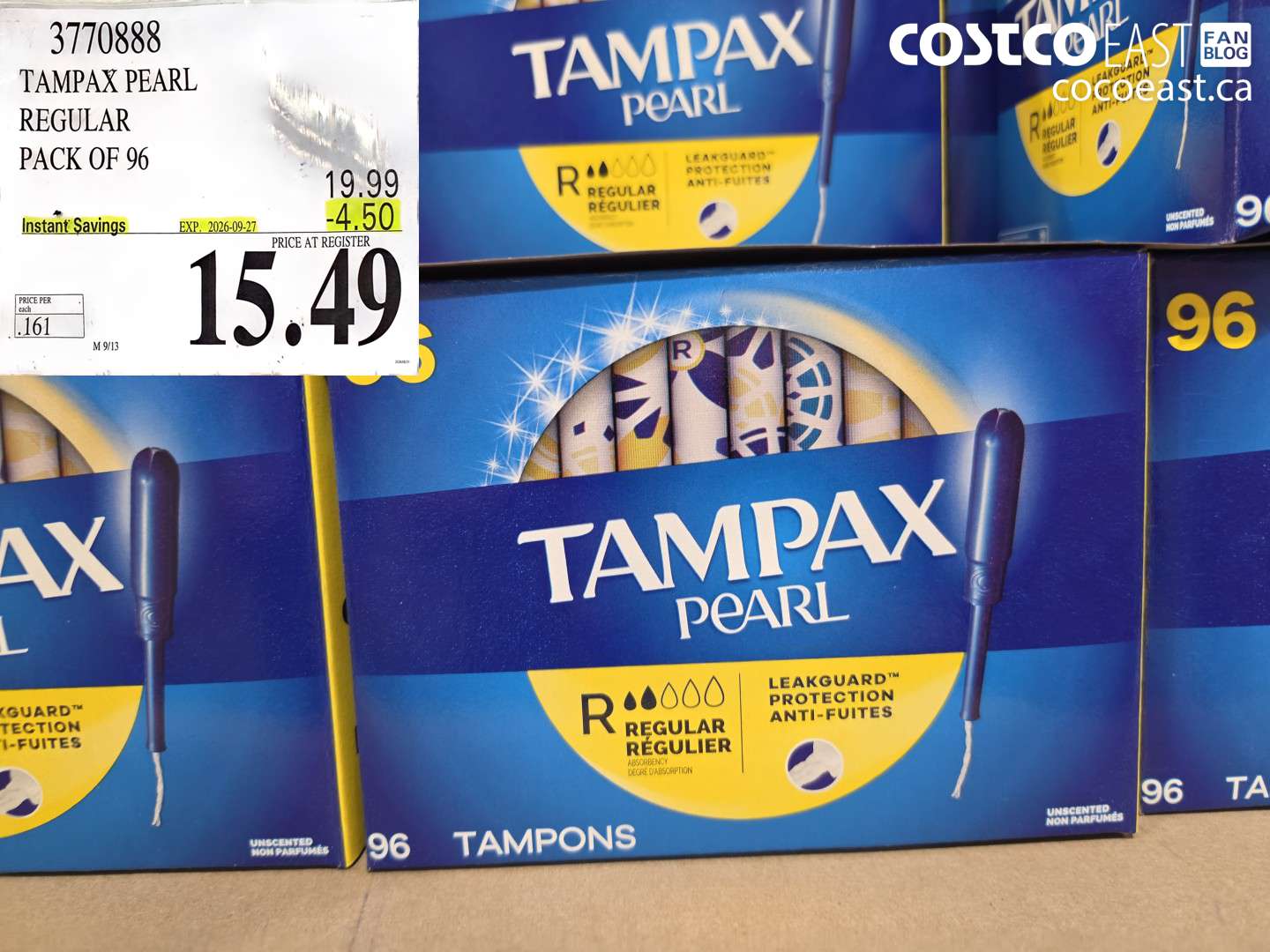 3770888 TAMPAX PEARL REGULAR PACK OF 96 ($4.50 INSTANT SAVINGS EXPIRES ON 2026-09-27) $15.49