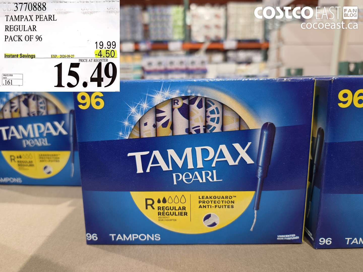 3770888 TAMPAX PEARL REGULAR PACK OF 96 ($4.50 INSTANT SAVINGS EXPIRES ON 2026-09-27) $15.49