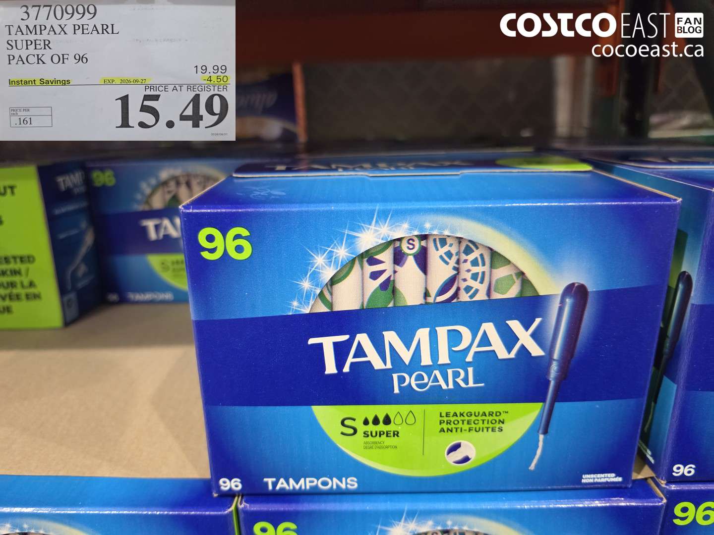 3770999 TAMPAX PEARL SUPER PACK OF 96 ($4.50 INSTANT SAVINGS EXPIRES ON 2026-09-27) $15.49