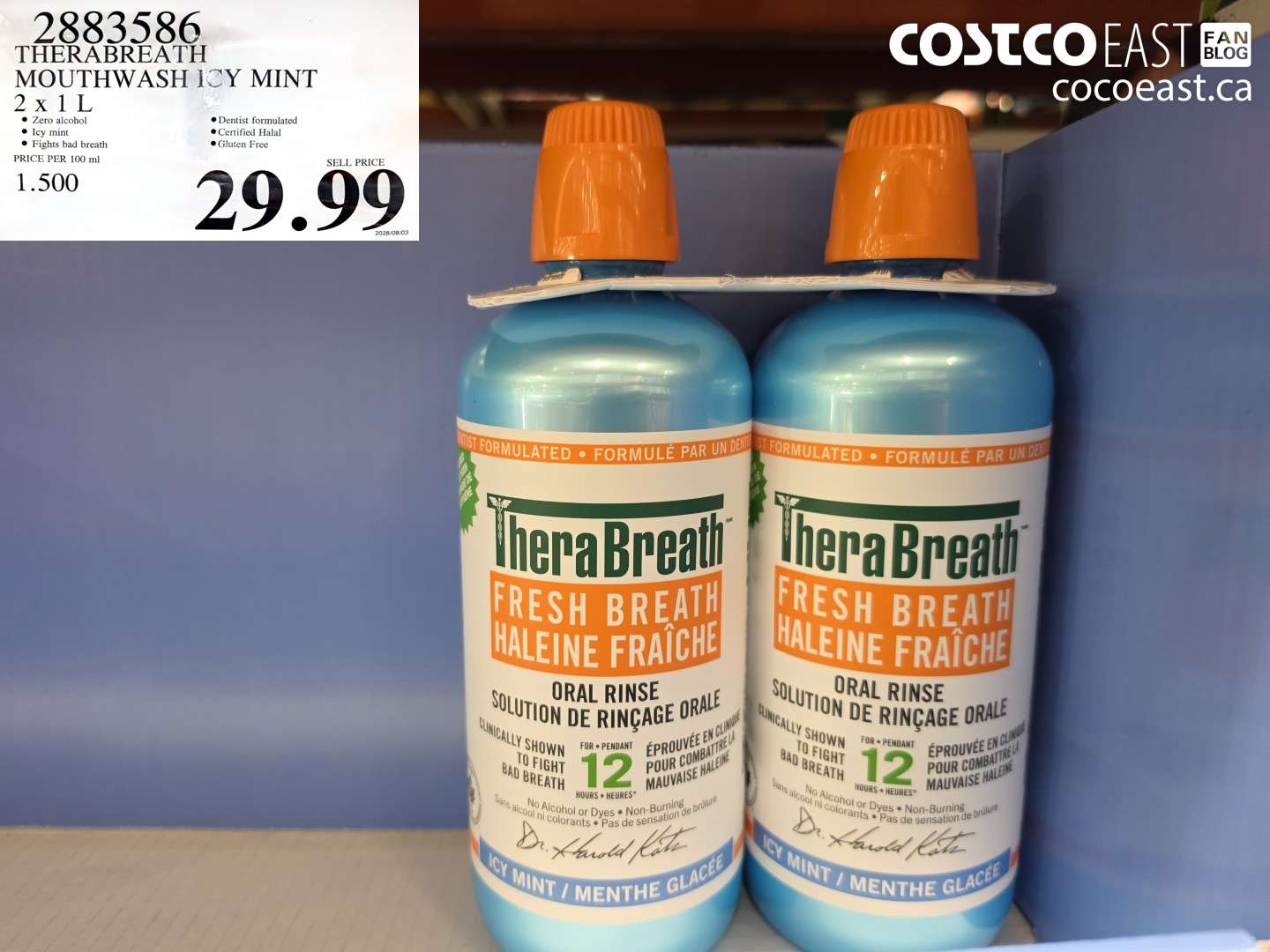 2883586 THERABREATH MOUTHWASH ICY MINT 2 X 1 L $29.99
