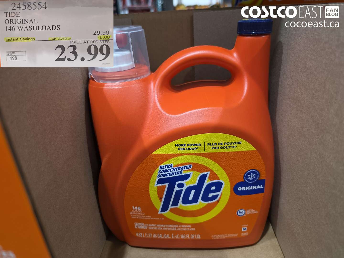 2458554 TIDE ORIGINAL 146 WASHLOADS ($6.00 INSTANT SAVINGS EXPIRES ON 2026-09-27) $23.99