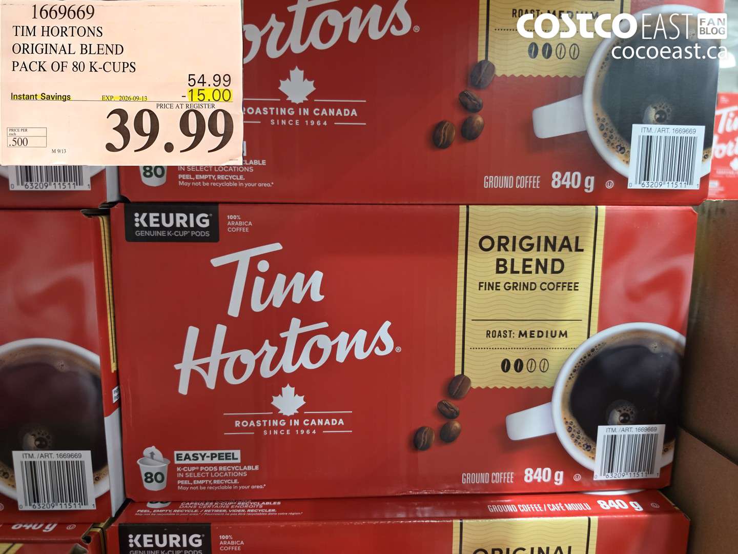 1669669 TIM HORTONS ORIGINAL BLEND PACK OF 80 K-CUPS ($15.00 INSTANT SAVINGS EXPIRES ON 2026-09-13) $39.99