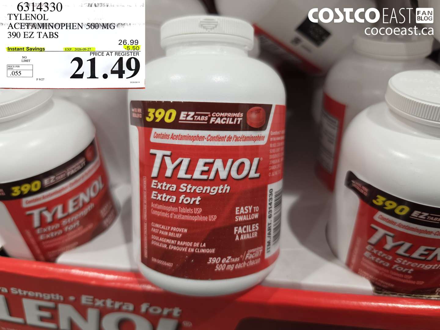 6314330 TYLENOL ACETAMINOPHEN 500MG 390 EZ TABS ($5.50 INSTANT SAVINGS EXPIRES ON 2026-09-27) $21.49