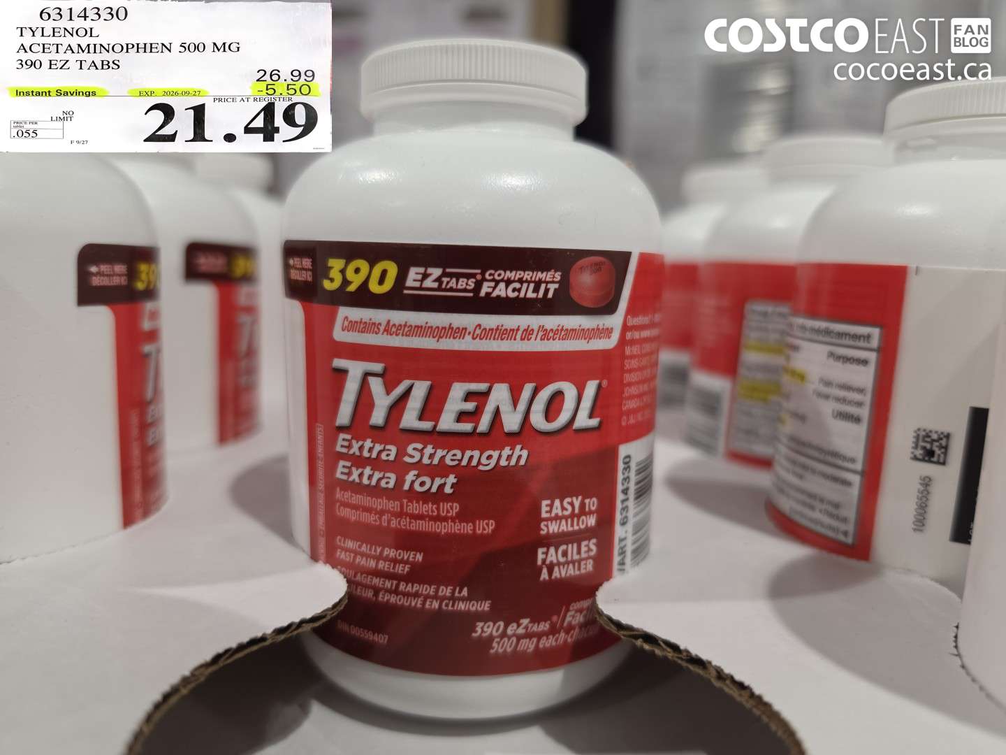 6314330 TYLENOL ACETAMINOPHEN 500 MG 390 EZ TABS ($5.50 INSTANT SAVINGS EXPIRES ON 2026-09-27) $21.49