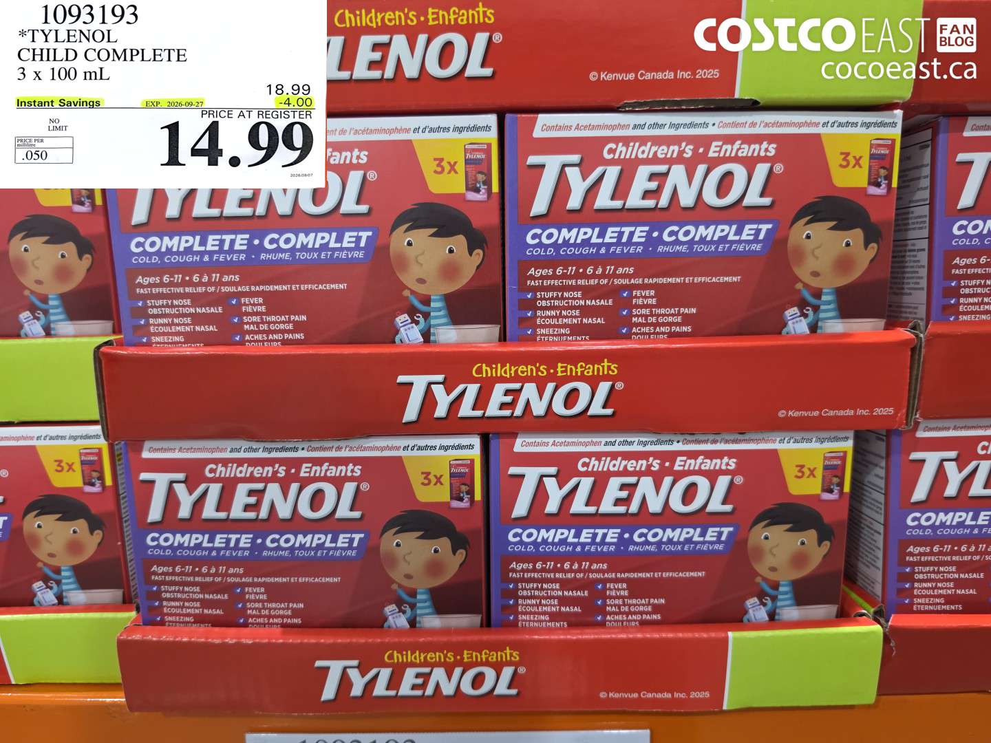 1093193 TYLENOL CHILD COMPLETE 3 X 100 ML ($4.00 INSTANT SAVINGS EXPIRES ON 2026-09-27) $14.99