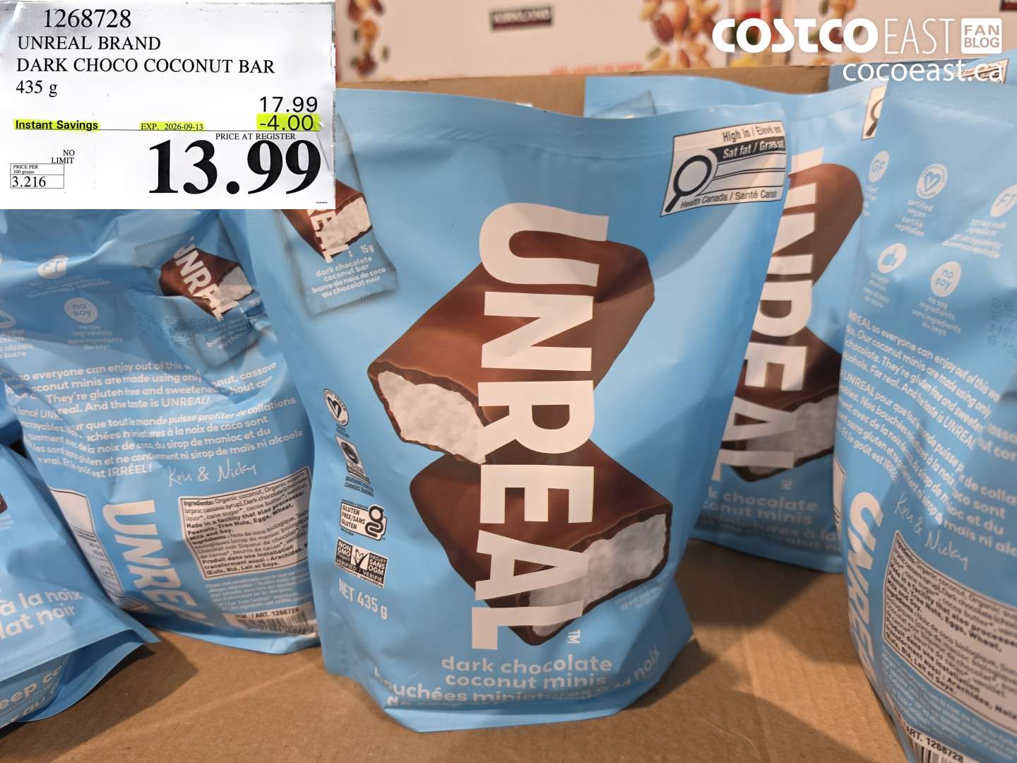 1268728 UNREAL BRAND DARK CHOCO COCONUT BAR 435 G ($4.00 INSTANT SAVINGS EXPIRES ON 2026-09-13) $13.99