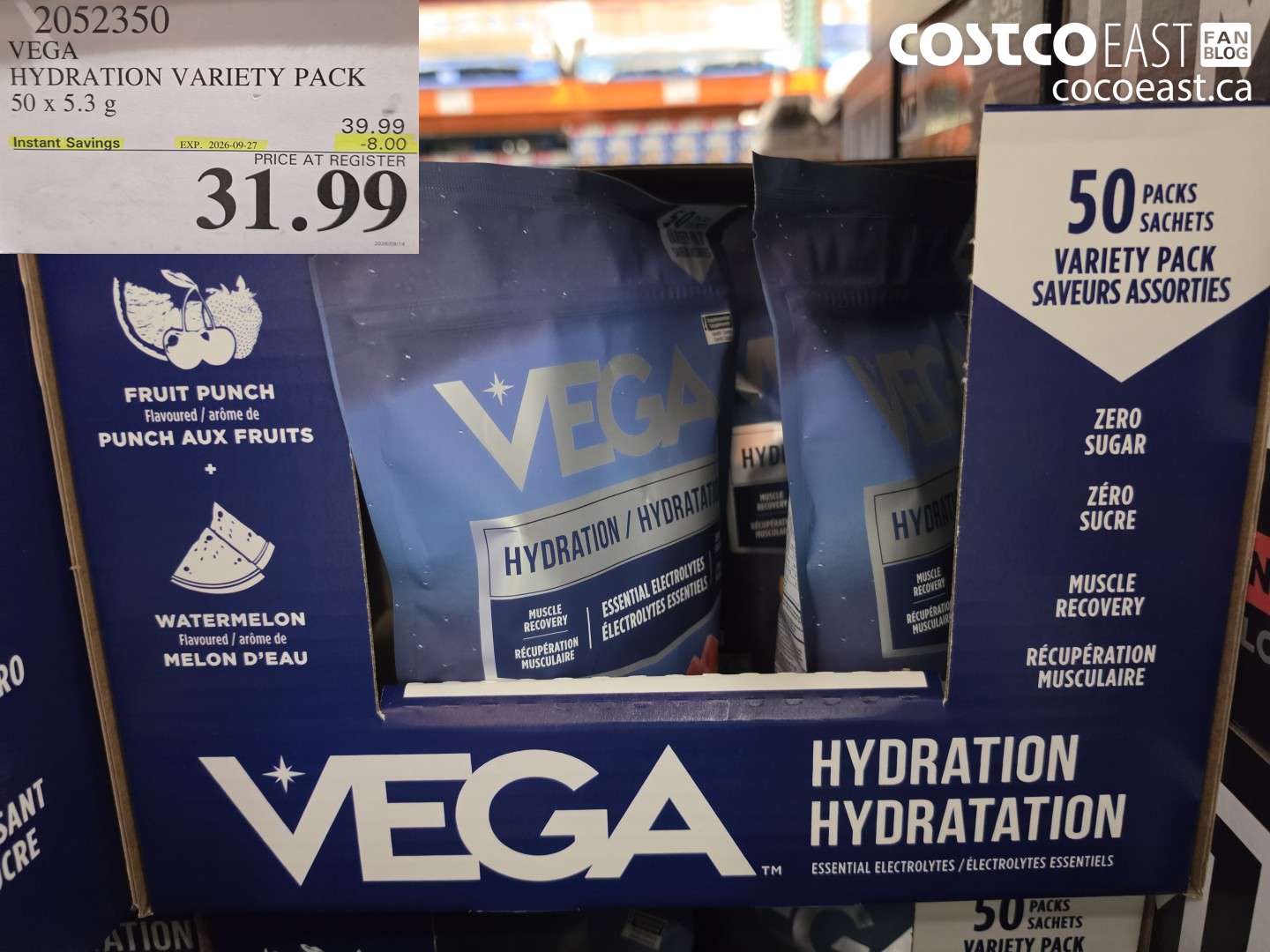 2052350 VEGA HYDRATION VARIETY PACK 50 X 5.3 G ($8.00 INSTANT SAVINGS EXPIRES ON 2026-09-27) $31.99