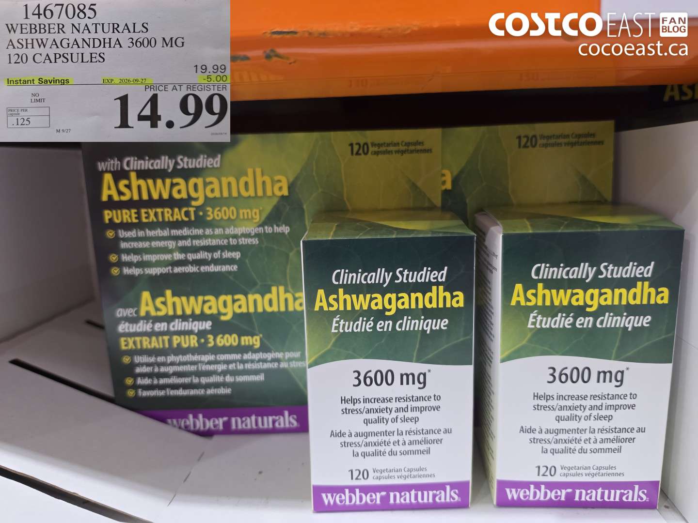 1467085 WEBBER NATURALS ASHWAGANDHA 3600 MG 120 CAPSULES ($5.00 INSTANT SAVINGS EXPIRES ON 2026-09-27) $14.99