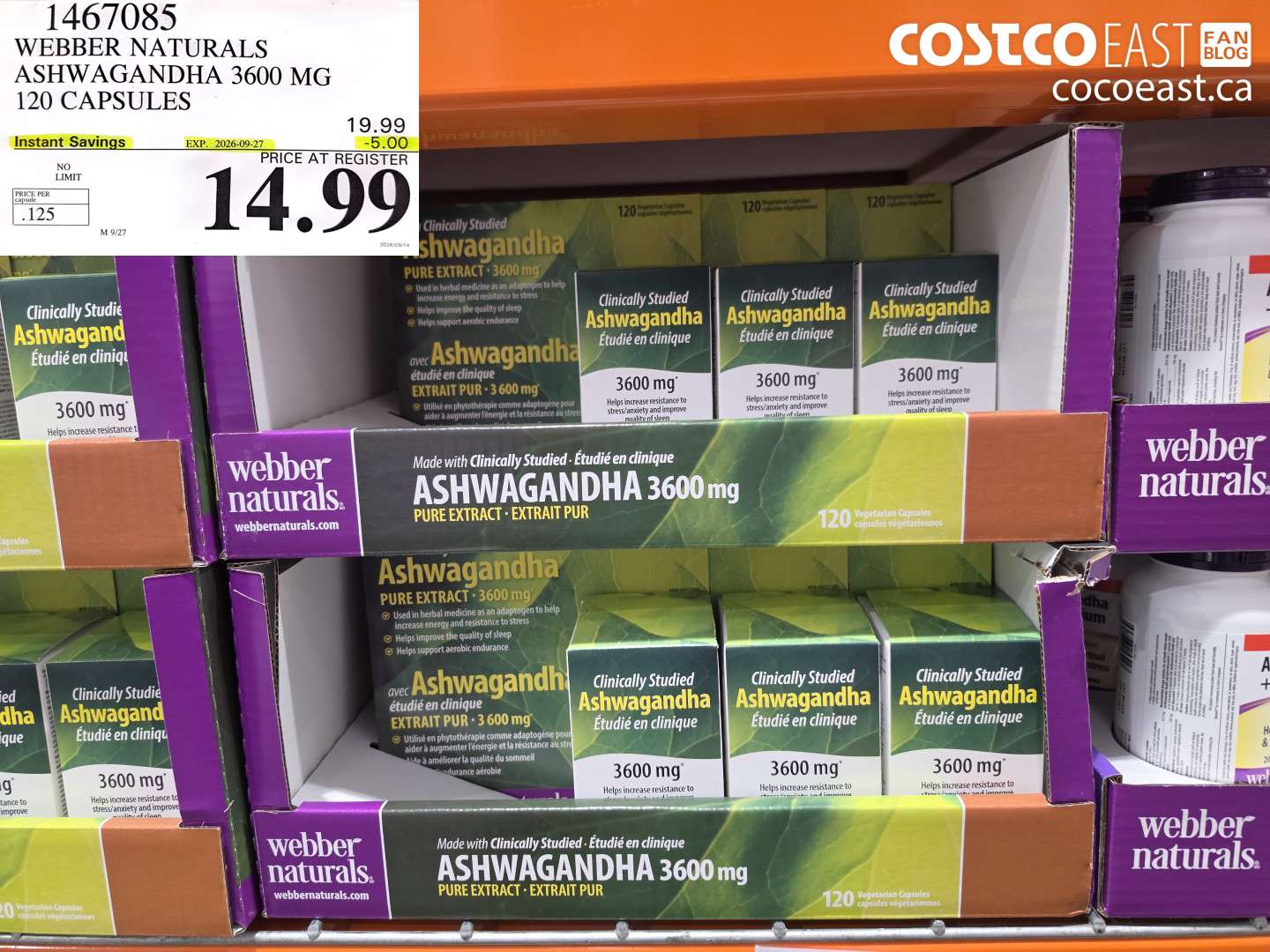 1467085 WEBBER NATURALS ASHWAGANDHA 3600 MG 120 CAPSULES ($5.00 INSTANT SAVINGS EXPIRES ON 2026-09-27) $14.99