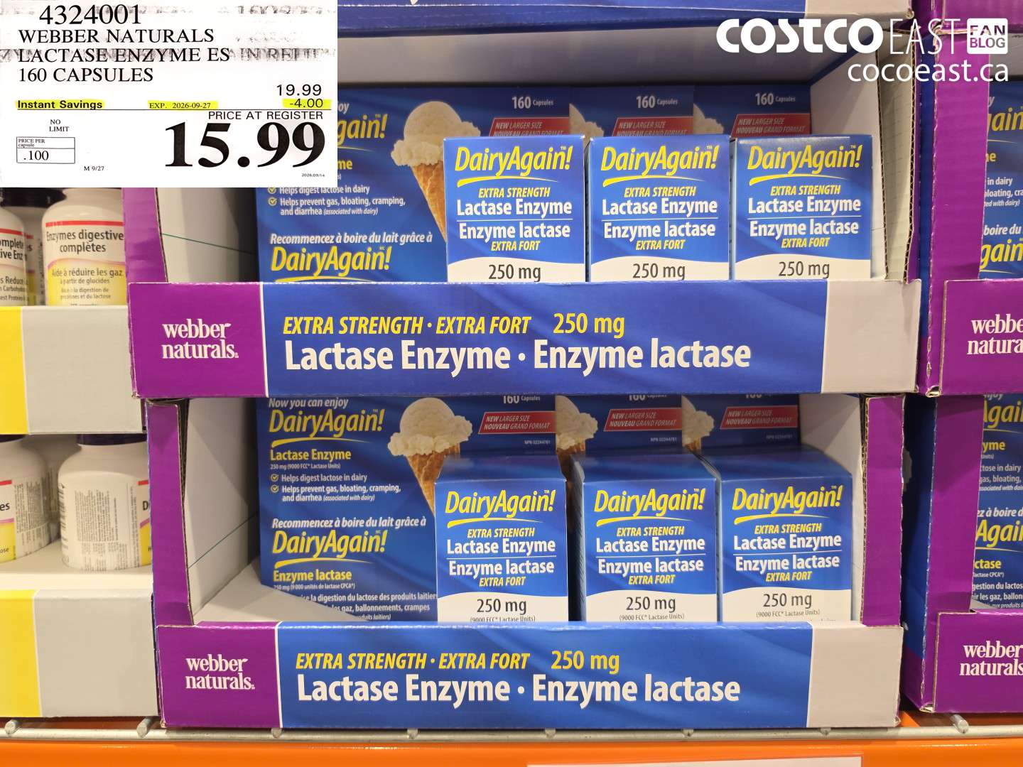 4324001 WEBBER NATURALS LACTASE ENZYME ES 160 CAPSULES ($4.00 INSTANT SAVINGS EXPIRES ON 2026-09-27) $15.99