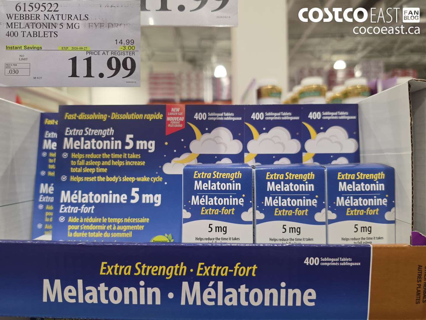 6159522 WEBBER NATURALS MELATONIN 5 MG 400 TABLETS ($3.00 INSTANT SAVINGS EXPIRES ON 2026-09-27) $11.99