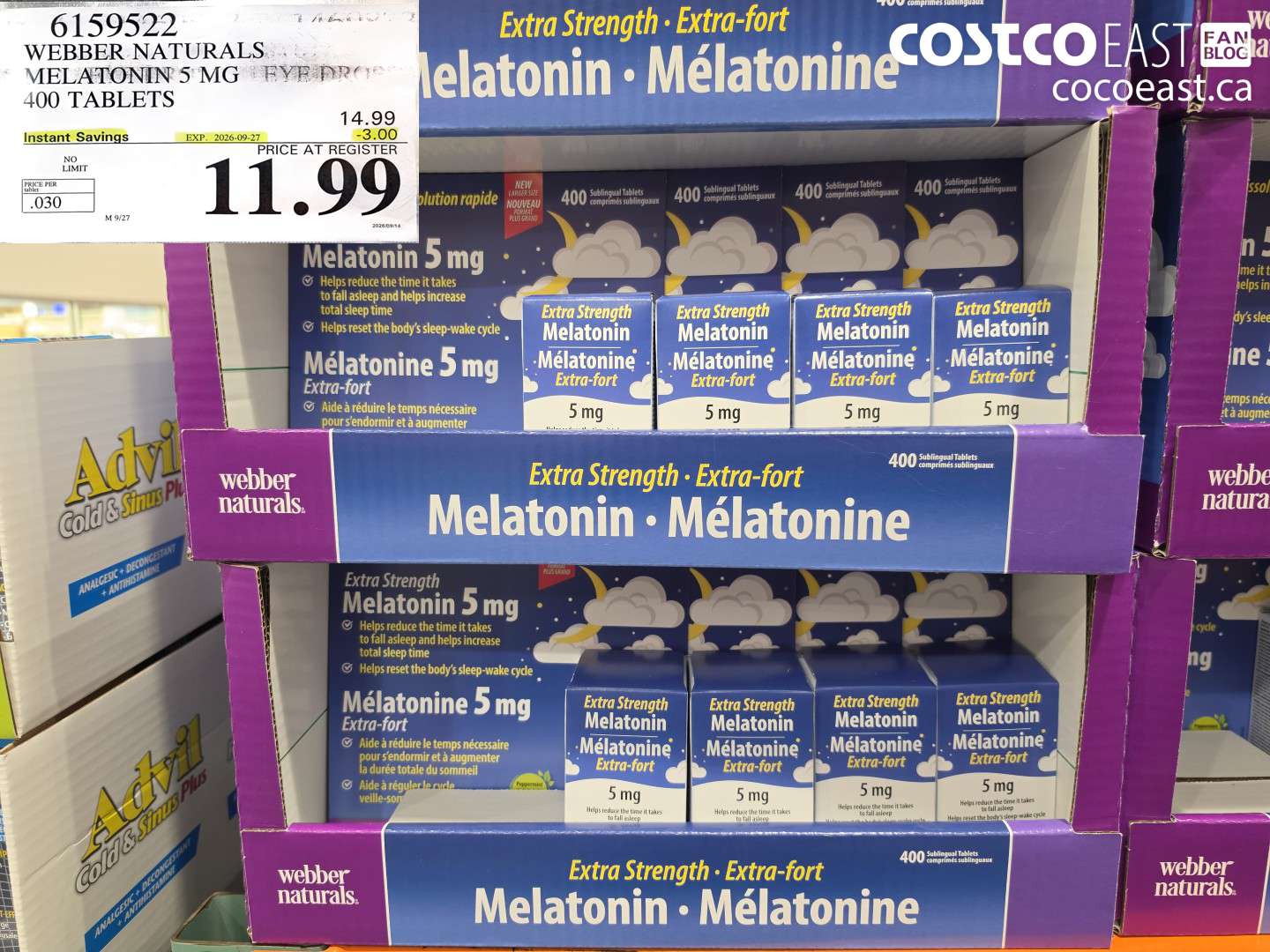 6159522 WEBBER NATURALS MELATONIN 5 MG EYE DROPS 400 TABLETS ($3.00 INSTANT SAVINGS EXPIRES ON 2026-09-27) $11.99