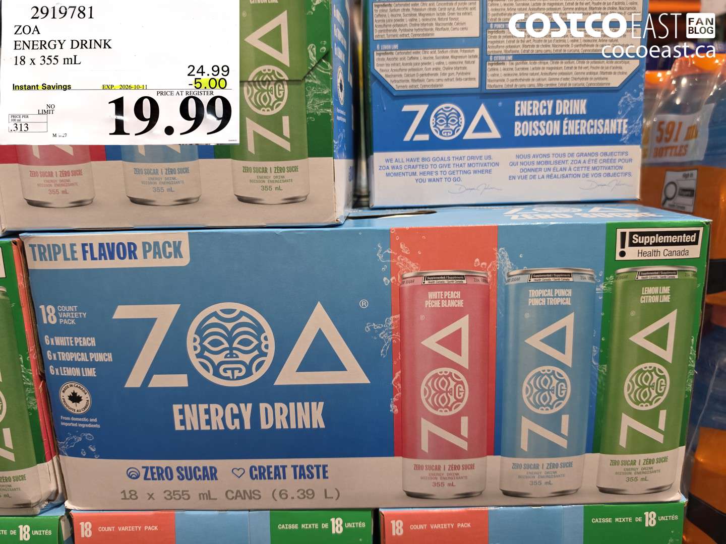 2919781 ZOA ENERGY DRINK 18 X 355 ML ($5.00 INSTANT SAVINGS EXPIRES ON 2026-10-11) $19.99