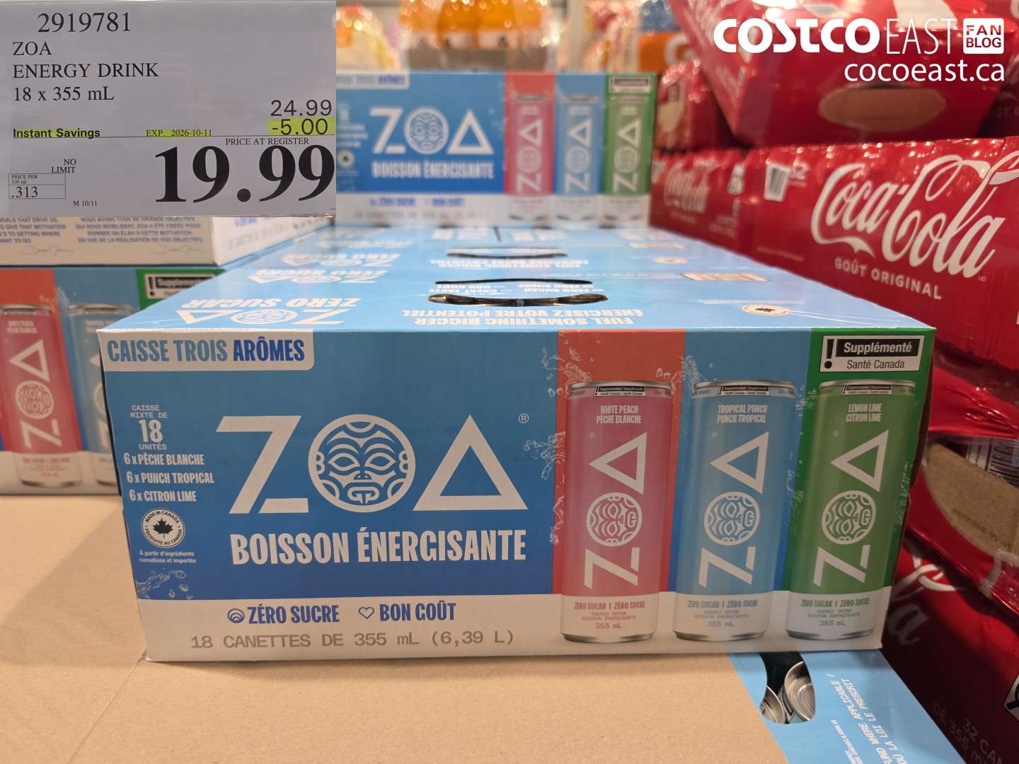 2919781 ZOA ENERGY DRINK 18 X 355 ML ($5.00 INSTANT SAVINGS EXPIRES ON 2026-10-11) $19.99