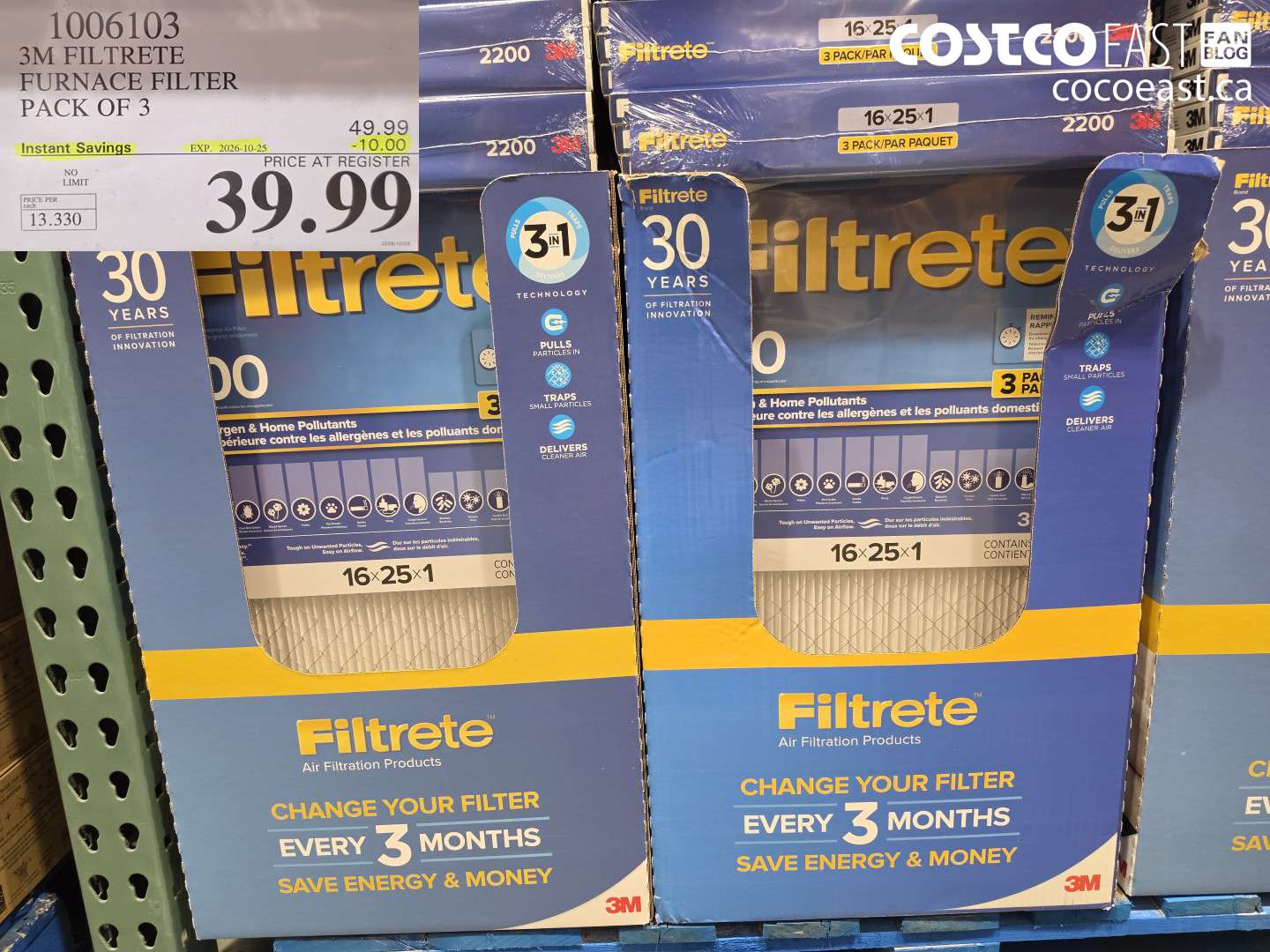 1006103 3M FILTRETE FURNACE FILTER PACK OF 3 ($10.00 INSTANT SAVINGS EXPIRES ON 2026-10-25) $39.99