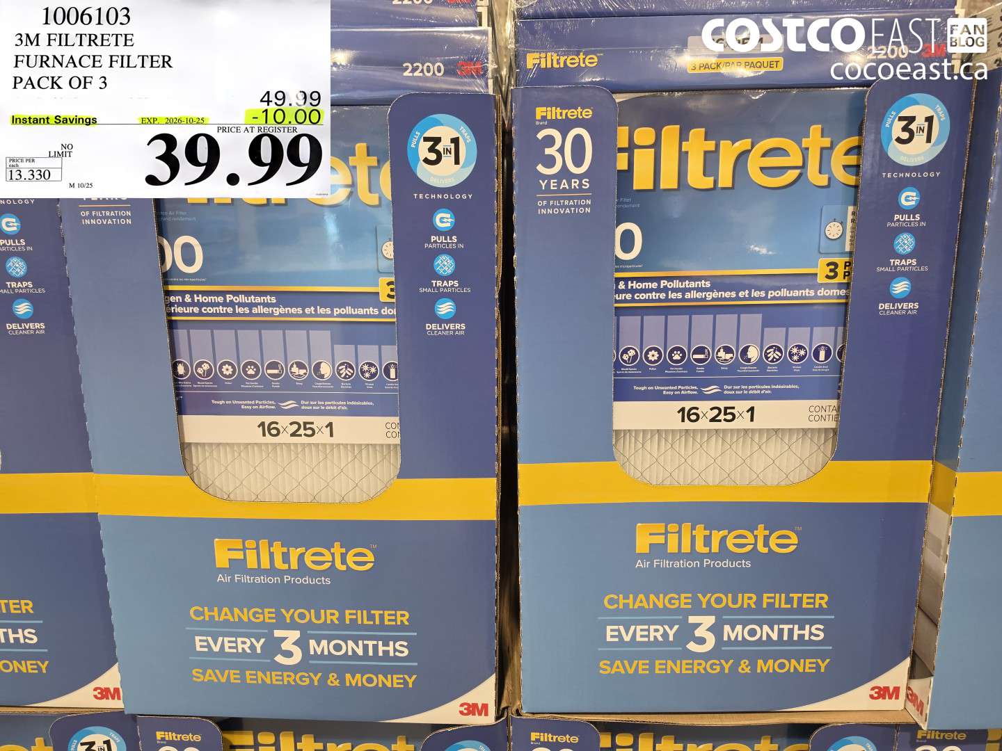 1006103 3M FILTRETE FURNACE FILTER PACK OF 3 ($10.00 INSTANT SAVINGS EXPIRES ON 2026-10-25) $39.99