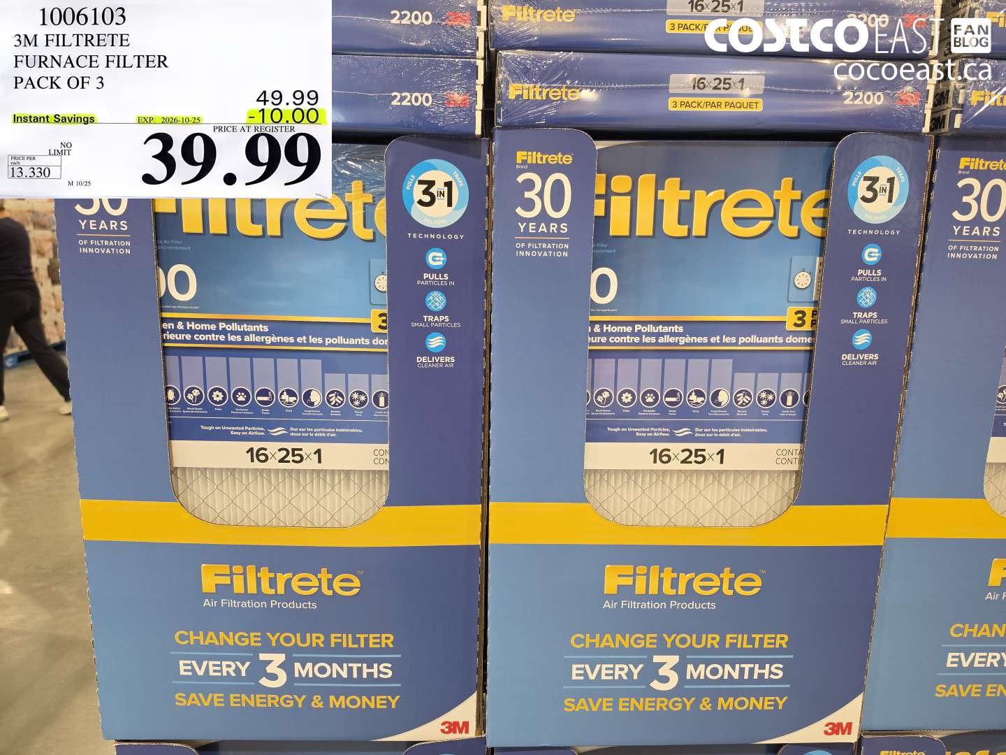1006103 3M FILTRETE FURNACE FILTER PACK OF 3 ($10.00 INSTANT SAVINGS EXPIRES ON 2026-10-25) $39.99
