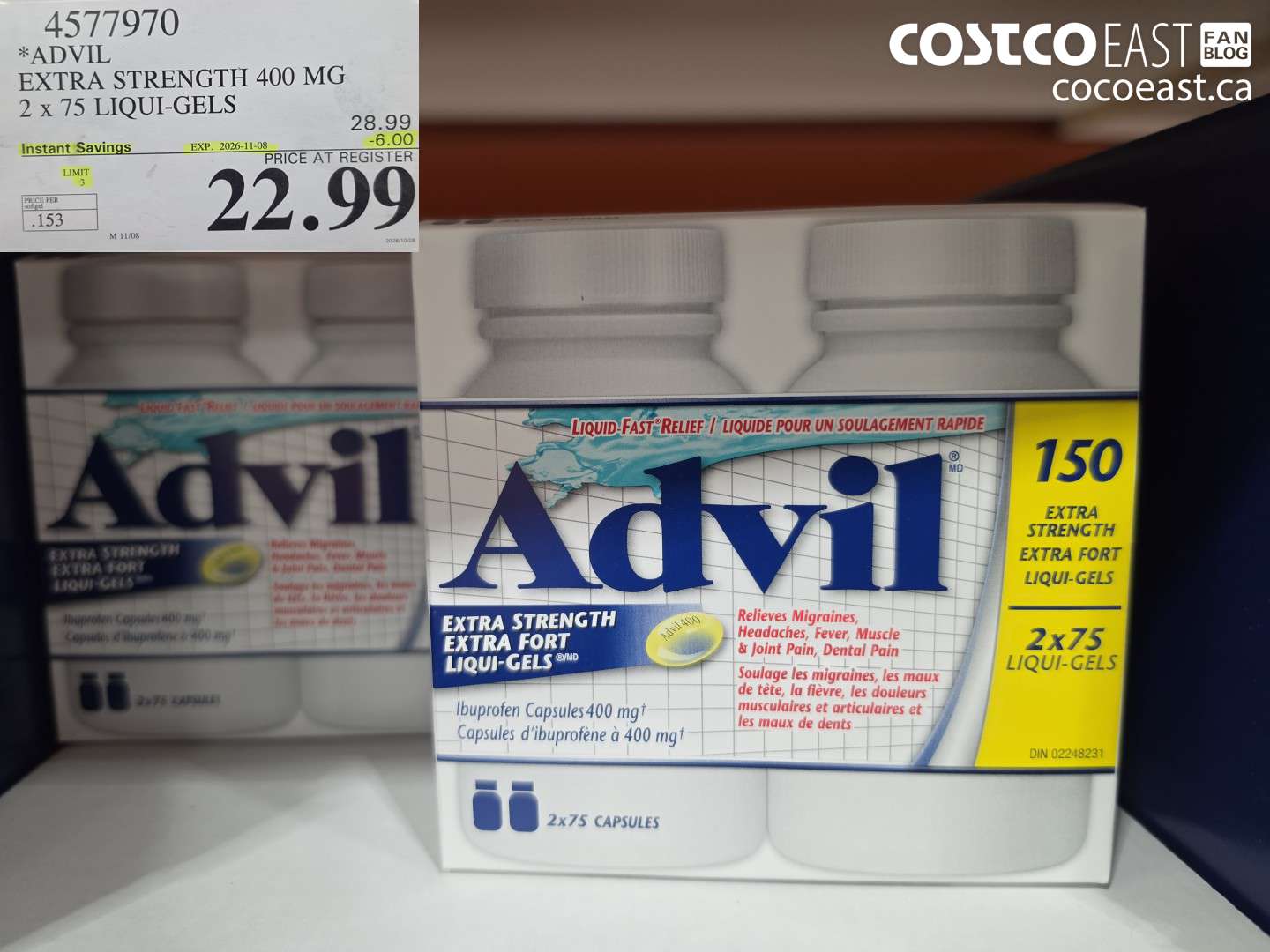 4577970 ADVIL EXTRA STRENGTH 400 MG 2 X 75 LIQUI-GELS ($6.00 INSTANT SAVINGS EXPIRES ON 2026-11-08) $22.99