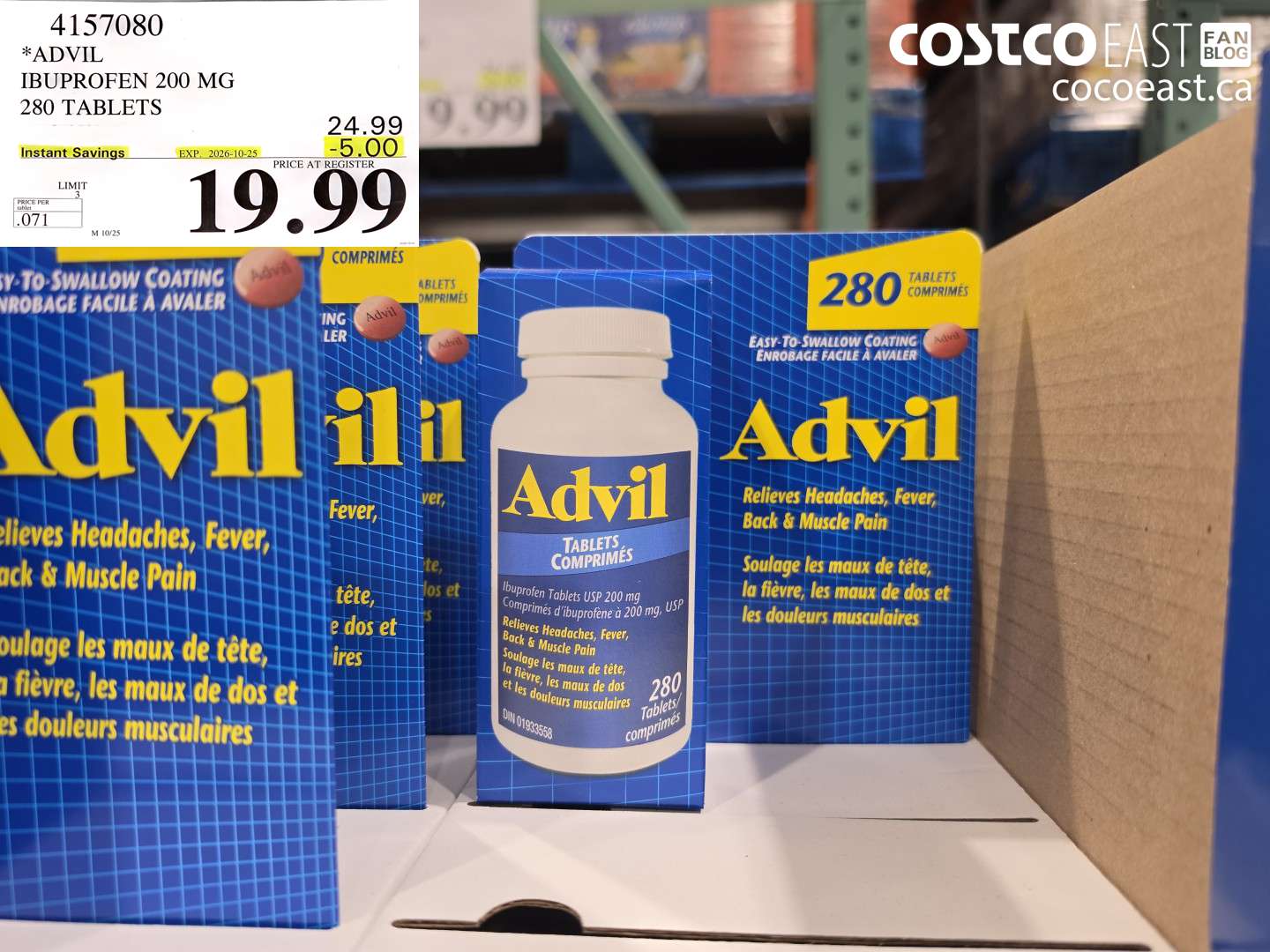 4157080 ADVIL IBUPROFEN 200 MG 280 TABLETS ($5.00 INSTANT SAVINGS EXPIRES ON 2026-10-25) $19.99