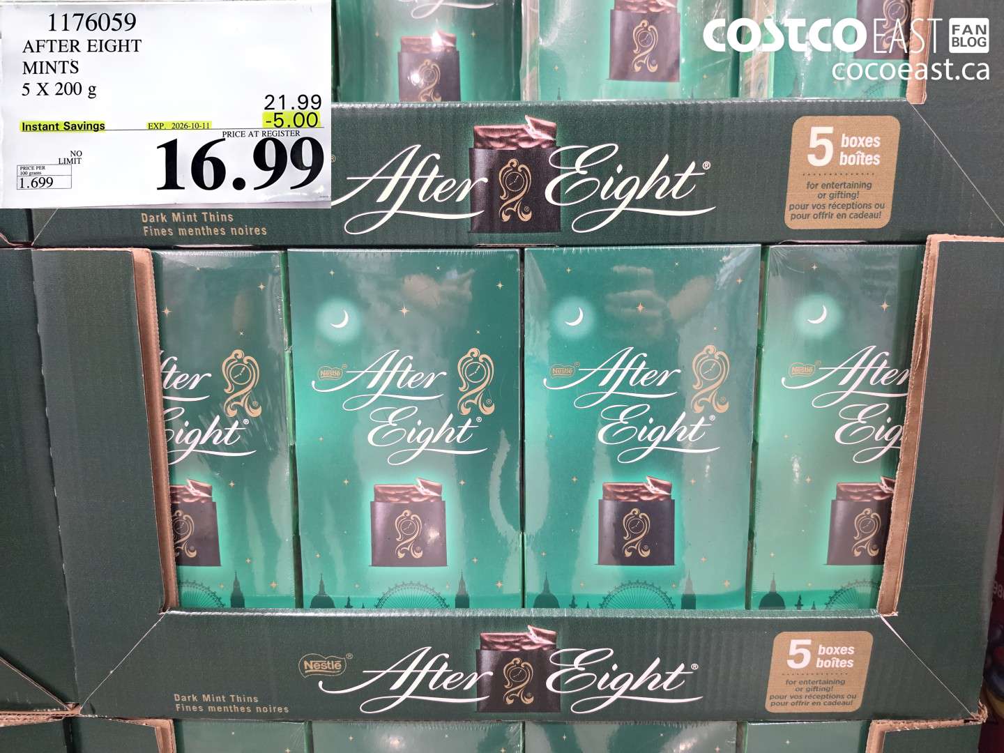 1176059 AFTER EIGHT MINTS 5 X 200 G ($5.00 INSTANT SAVINGS EXPIRES ON 2026-10-11) $16.99