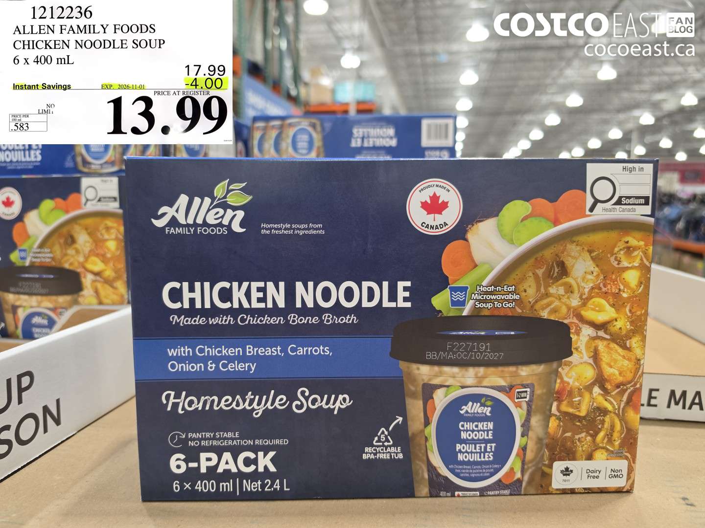 1212236 ALLEN FAMILY FOODS CHICKEN NOODLE SOUP 6 X 400 ML ($4.00 INSTANT SAVINGS EXPIRES ON 2026-11-01) $13.99