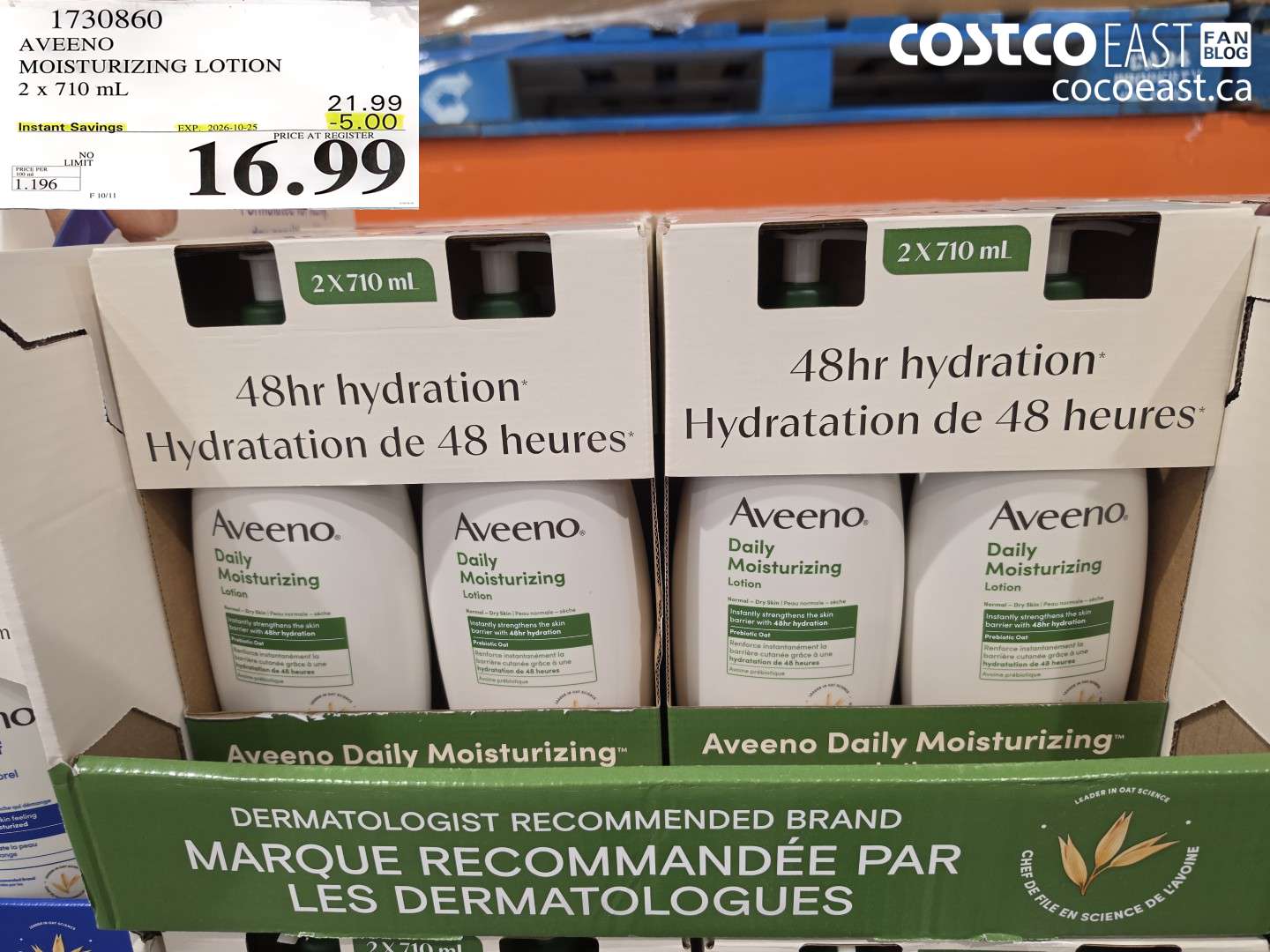 1730860 AVEENO MOISTURIZING LOTION 2 X 710 ML ($5.00 INSTANT SAVINGS EXPIRES ON 2026-10-25) $16.99