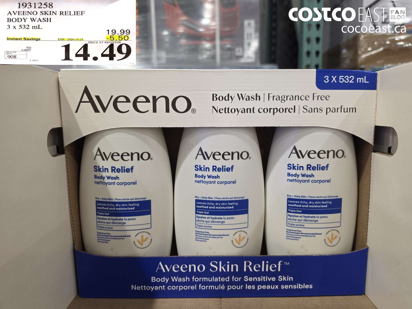 1931258 AVEENO SKIN RELIEF BODY WASH 3 X 532 ML ($5.50 INSTANT SAVINGS EXPIRES ON 2026-10-25) $14.49