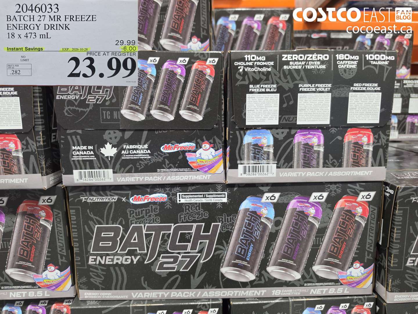2046033 BATCH 27 MR FREEZE ENERGY DRINK 18 X 473 ML ($6.00 INSTANT SAVINGS EXPIRES ON 2026-10-28) $23.99