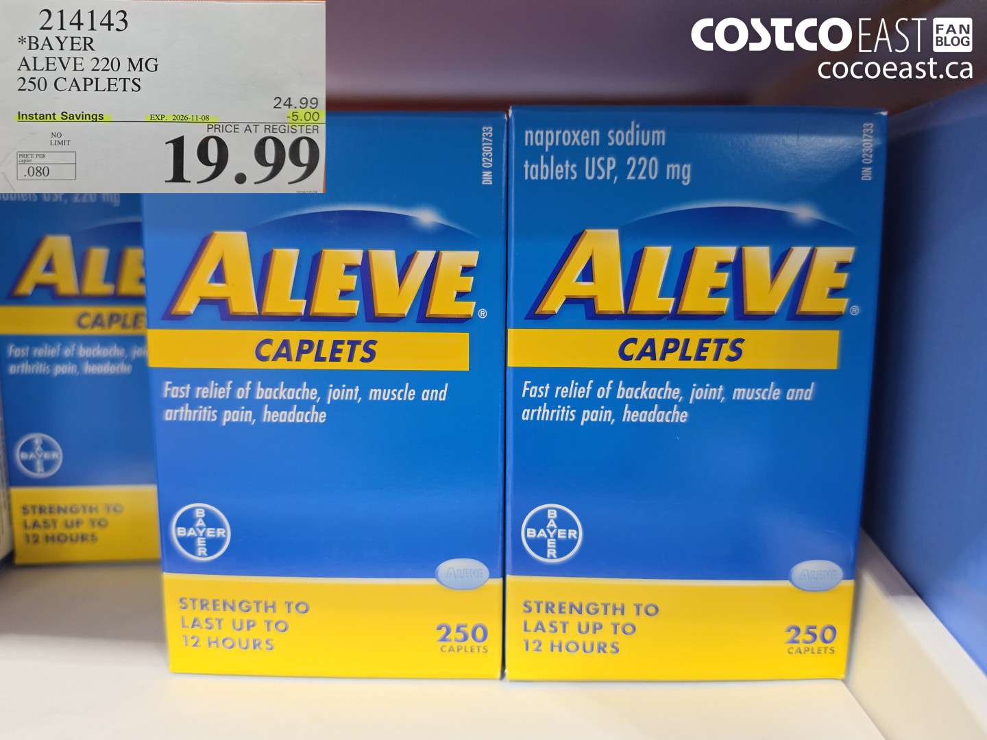 214143 BAYER ALEVE 220 MG 250 CAPLETS ($5.00 INSTANT SAVINGS EXPIRES ON 2026-11-08) $19.99