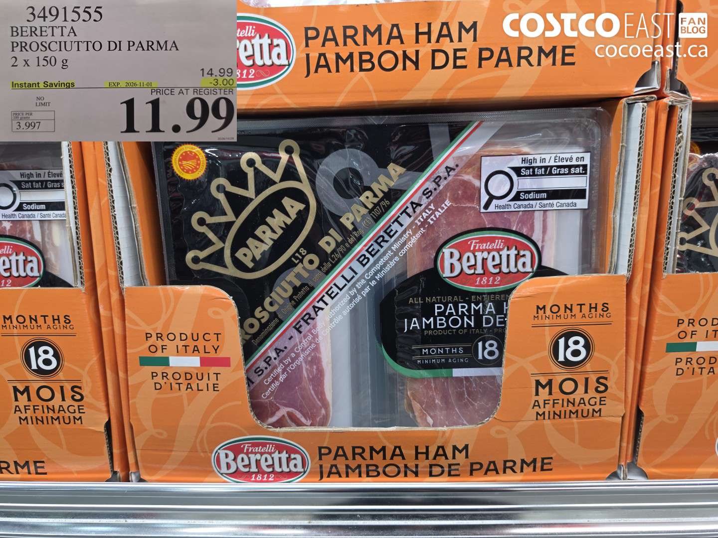 3491555 BERETTA PROSCIUTTO DI PARMA 2 X 150 G ($3.00 INSTANT SAVINGS EXPIRES ON 2026-11-01) $11.99