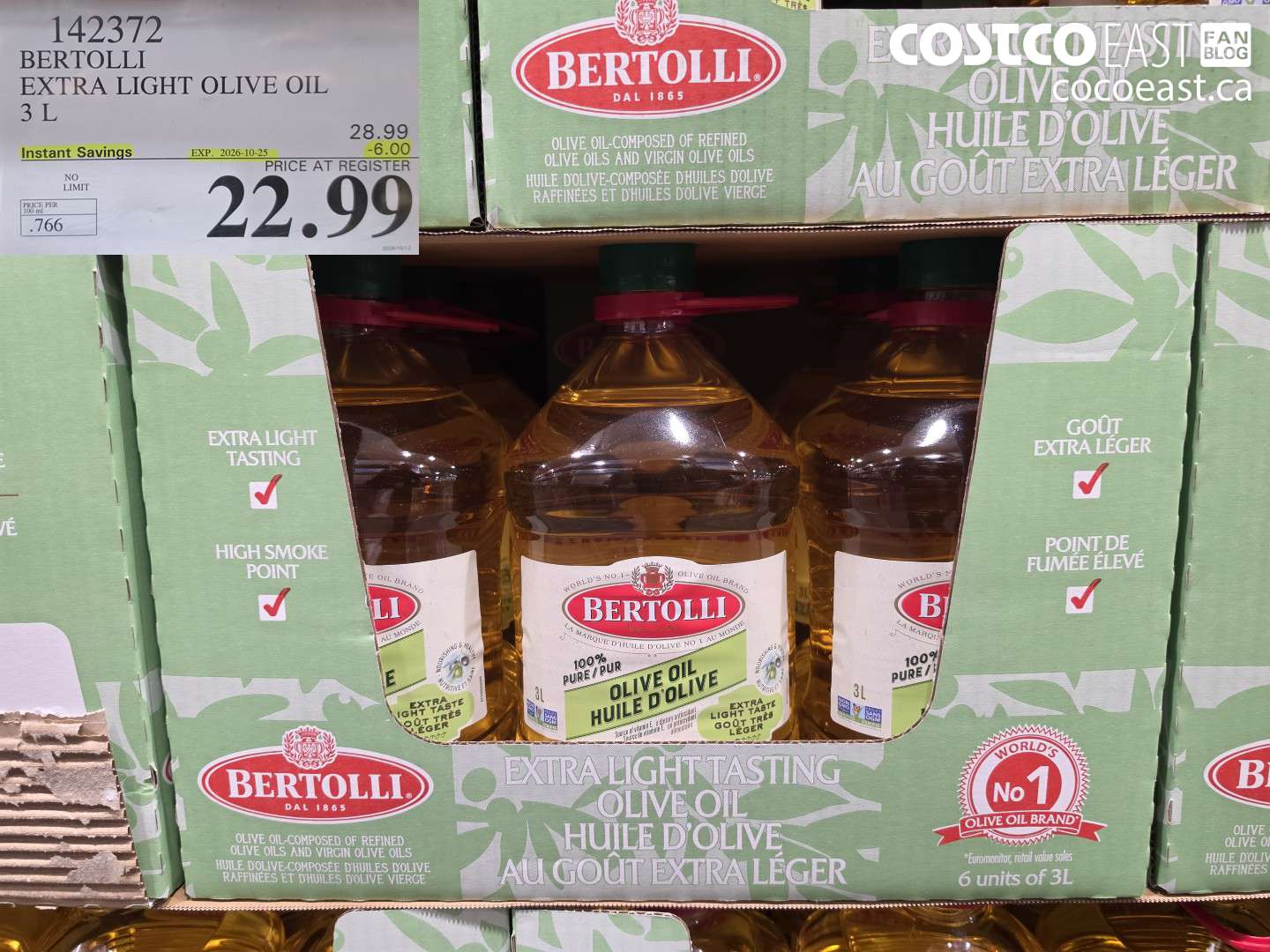 142372 BERTOLLI EXTRA LIGHT OLIVE OIL 3 L ($6.00 INSTANT SAVINGS EXPIRES ON 2026-10-25) $22.99