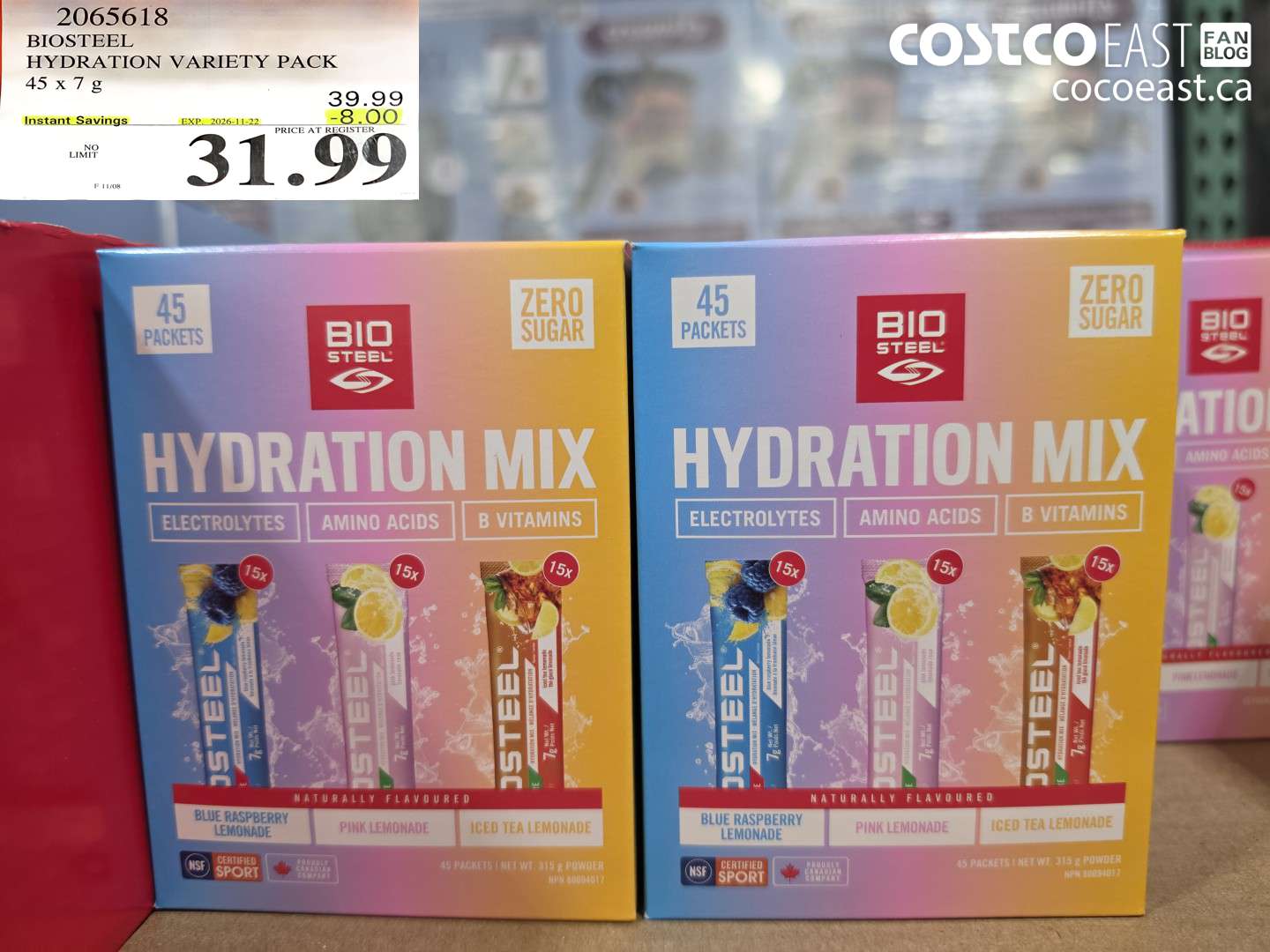 2065618 BIOSTEEL HYDRATION VARIETY PACK 45 X 7 G ($8.00 INSTANT SAVINGS EXPIRES ON 2026-11-22) $31.99