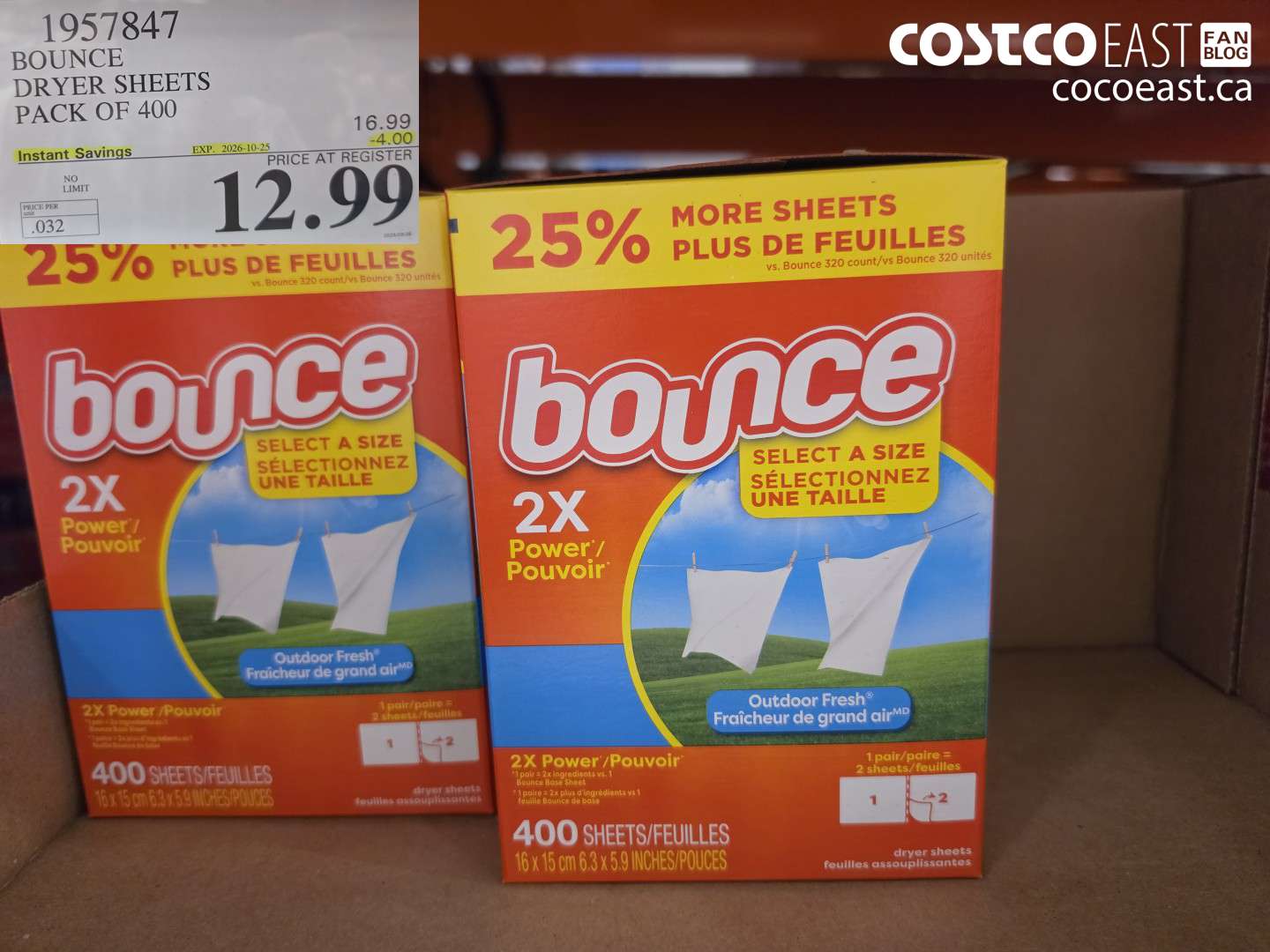 1957847 BOUNCE DRYER SHEETS PACK OF 400 ($4.00 INSTANT SAVINGS EXPIRES ON 2026-10-25) $12.99