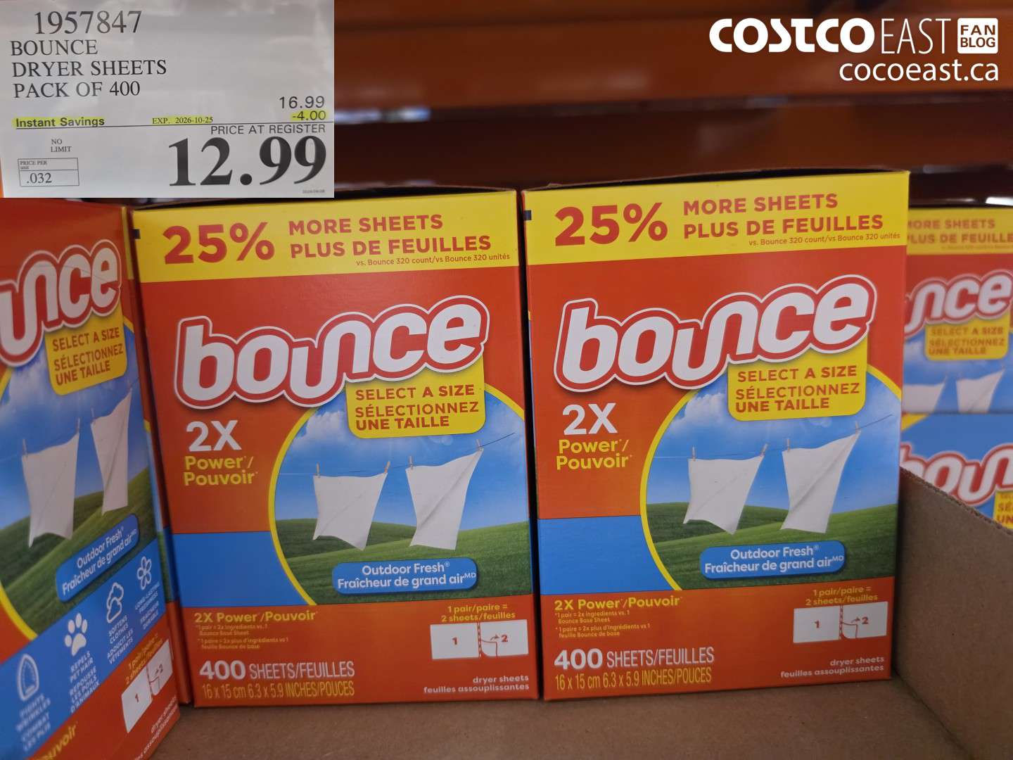 1957847 BOUNCE DRYER SHEETS PACK OF 400 ($4.00 INSTANT SAVINGS EXPIRES ON 2026-10-25) $12.99