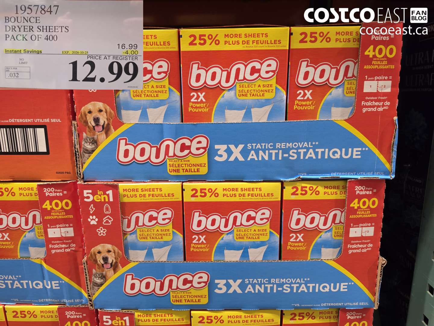 1957847 BOUNCE DRYER SHEETS PACK OF 400 ($4.00 INSTANT SAVINGS EXPIRES ON 2026-10-25) $12.99