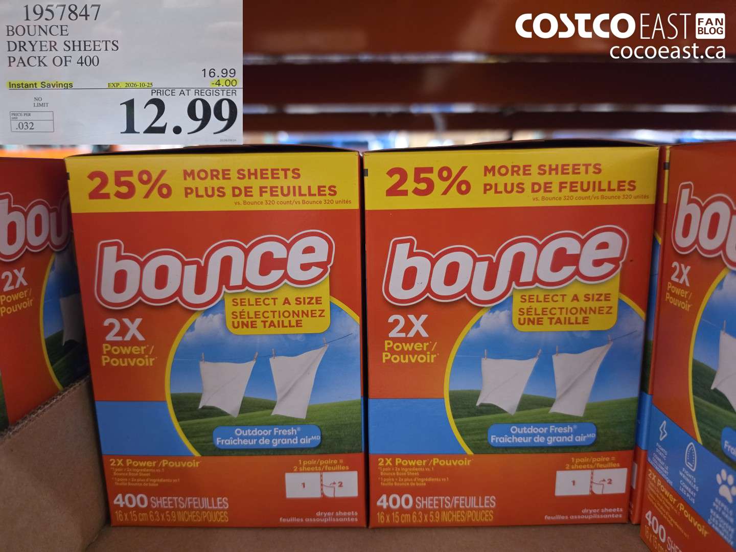 1957847 BOUNCE DRYER SHEETS PACK OF 400 ($4.00 INSTANT SAVINGS EXPIRES ON 2026-10-25) $12.99
