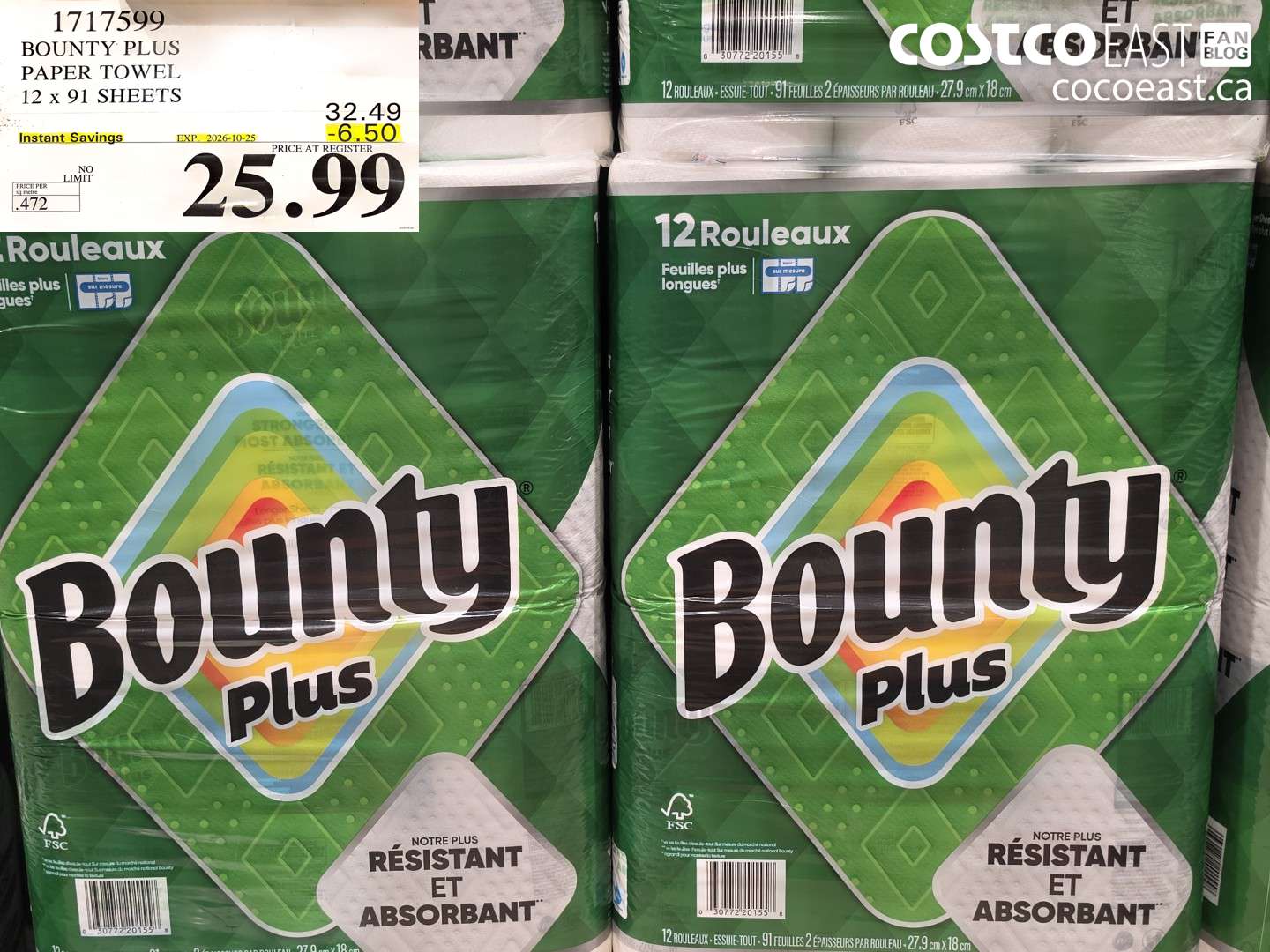 1717599 BOUNTY PLUS PAPER TOWEL 12 X 91 SHEETS ($6.50 INSTANT SAVINGS EXPIRES ON 2026-10-25) $25.99