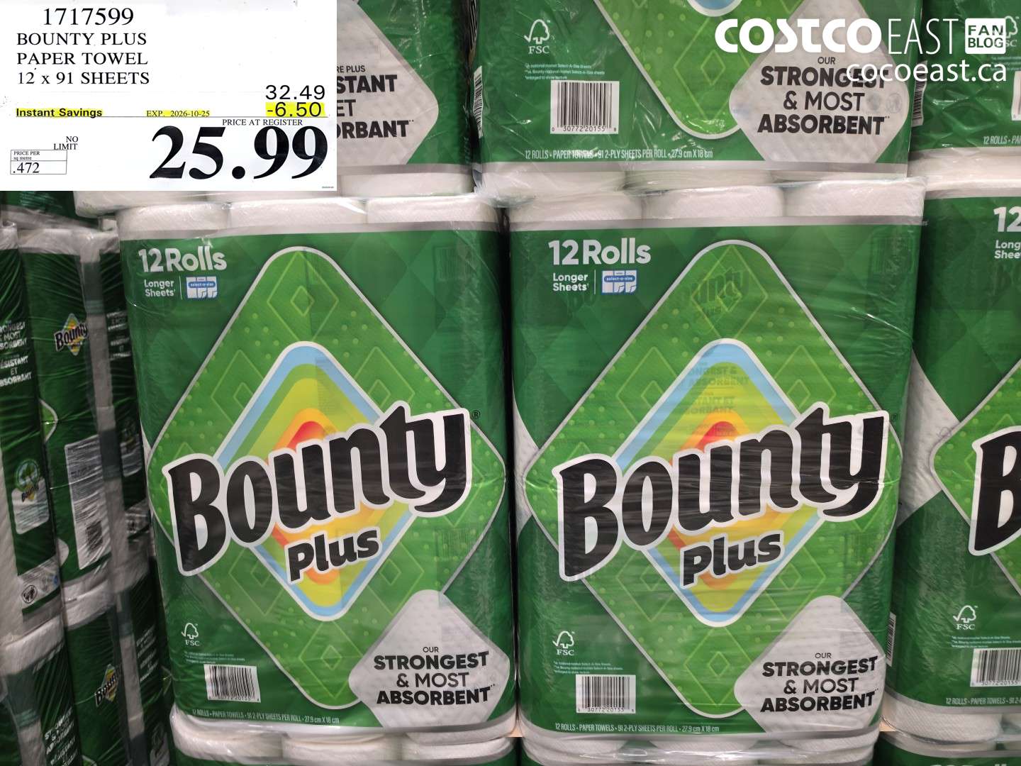 1717599 BOUNTY PLUS PAPER TOWEL 12 X 91 SHEETS ($6.50 INSTANT SAVINGS EXPIRES ON 2026-10-25) $25.99